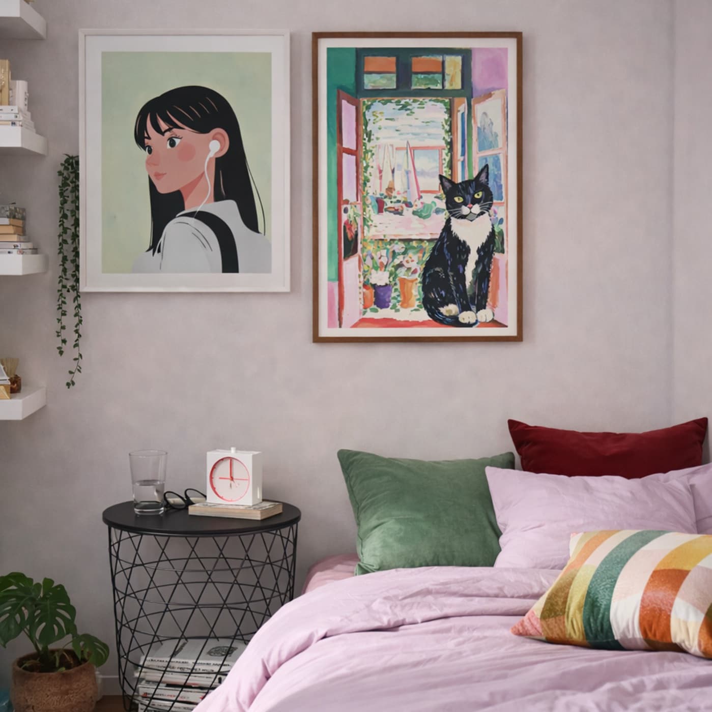 Bedroom gallery wall with impressionist pet artwork - image 4