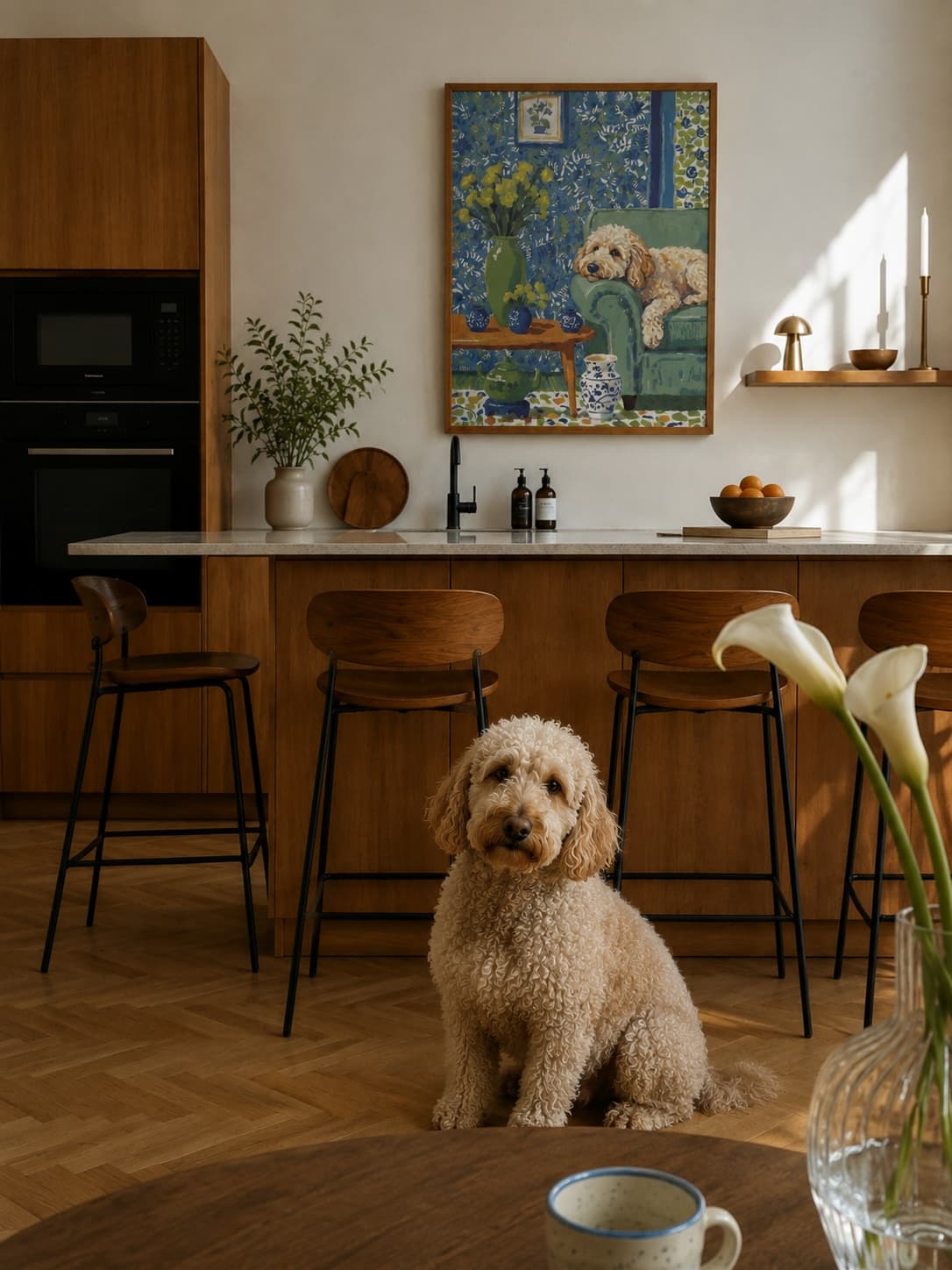Kitchen gallery wall with impressionist pet artwork - image 3