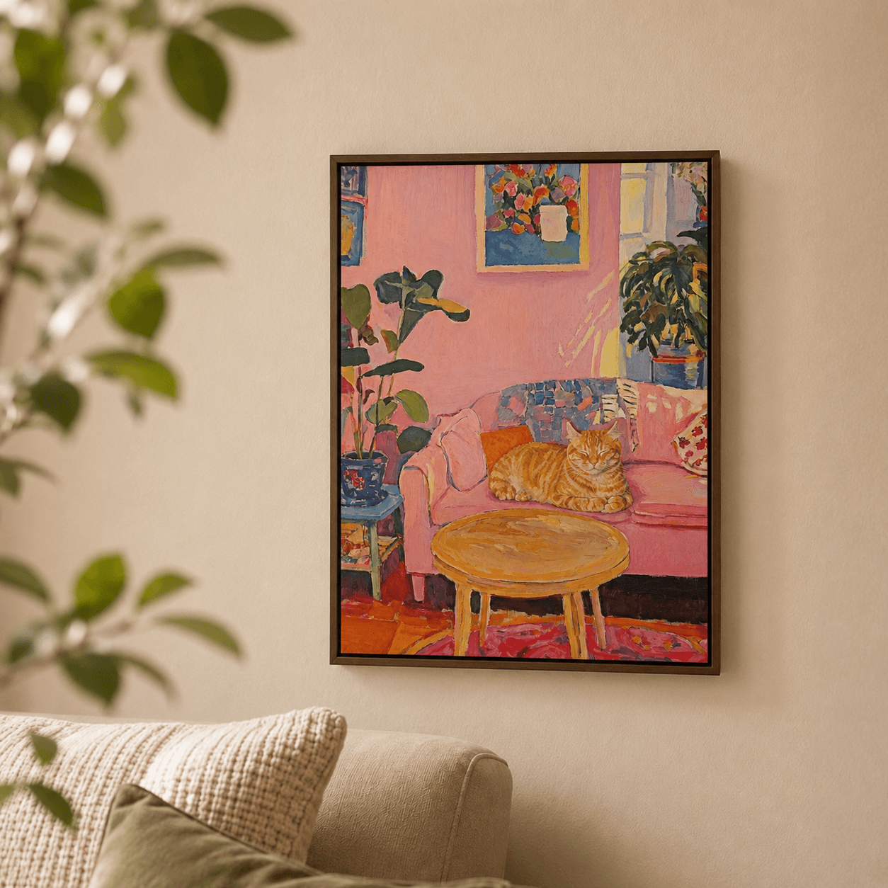 Living Room gallery wall with impressionist pet artwork - image 4