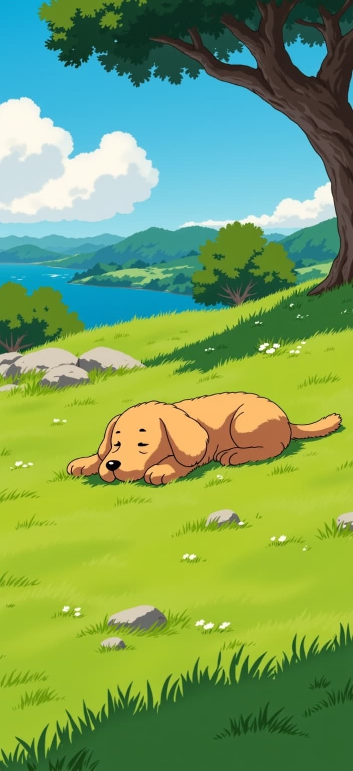 ghibli_illustration, Enriched prompt:
Create a captivating digital wallpaper featuring a golden doodle resting comfortably on a verdant green lawn. The scene should be rendered in a hand-drawn animation style, emphasizing richly detailed backgrounds and expressive character designs that bring the golden doodle to life. The overall aesthetic should be bright and whimsical, exuding a joyful and inviting atmosphere. Employ soft, painterly textures with a hand-drawn feel, incorporating pencil sketches and subtle imperfections to enhance the organic movement of the scene. Use warm, natural lighting to bathe the setting in a cozy glow, with vivid yet slightly muted colors to maintain a dreamy, nostalgic quality. The background should be abundantly detailed, teeming with life, making everyday objects and textures feel tangible and lived-in. The golden doodle, as the central subject, should be accurately proportioned and clearly visible, nestled in the lush grass that sways gently as if caught in a gentle breeze. This artwork aims to evoke a sense of nostalgia and serenity, perfect for a digital wallpaper that transforms any space into a tranquil haven.