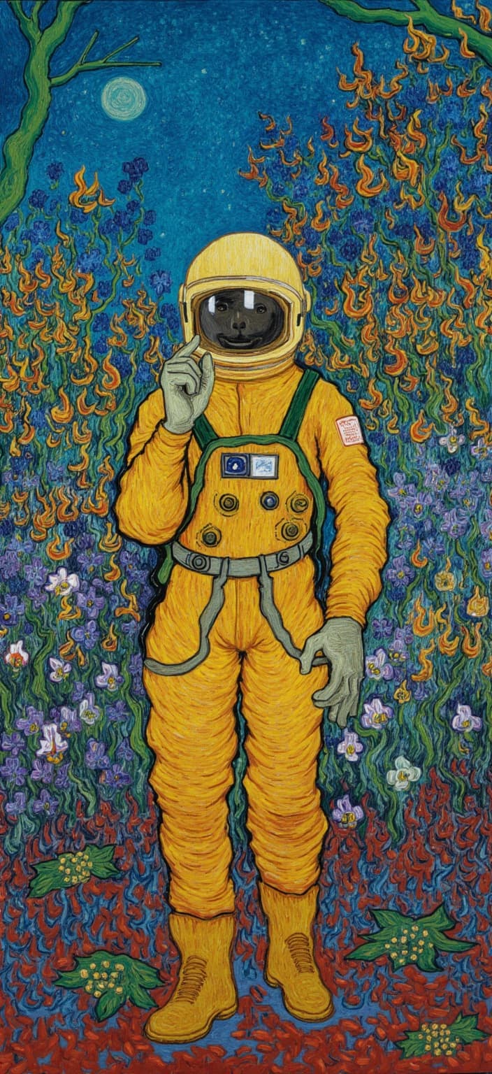 van_gogh, In this vibrant and emotionally charged painting, we see an astronaut standing in a lush, alien landscape, surrounded by a breathtaking array of exotic flowers that thrive under the otherworldly sky of an unfamiliar planet. The astronaut, clad in a shiny, reflective spacesuit, is depicted in a moment of serene contemplation, as if marvelling at the extraordinary beauty that envelops them. The flowers are depicted in vivid, rich colors—blues and oranges, yellows and purples—applied in thick, impasto layers. Each petal and leaf seems to pulsate with life, swirling and curving in energetic patterns that echo the rhythm of the universe.
The background of the alien planet is painted with intense color contrasts, featuring a sky that shifts from deep indigo to fiery crimson, punctuated by the distant glimmer of stars and planets. The celestial backdrop adds a sense of infinite space and mystery. The brushstrokes are bold and dynamic, with a sense of movement that suggests a gentle breeze rustling through the floral tapestry. Curly, flame-like patterns infuse the scene with a sense of urgency and raw emotion, capturing the viewer’s imagination and drawing them into this captivating world.
This artwork offers a unique juxtaposition of human exploration and the untamed beauty of nature, rendered in a style that combines vibrant colors with expressive, bold compositions. Perfectly centered and harmonized, this painting makes for an ideal digital wallpaper, transforming any screen into a window to another world, bursting with color and life.