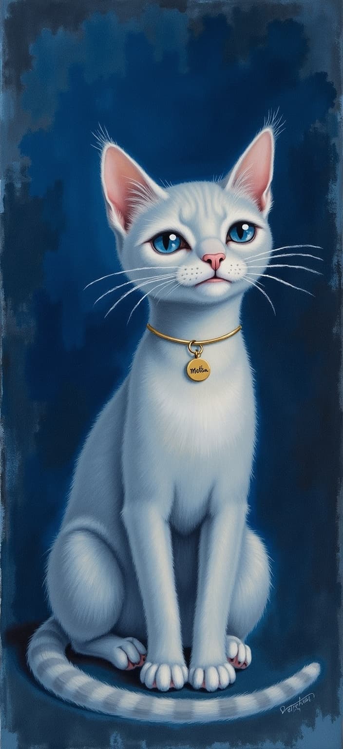 rothko, Title: "Motita's Radiance"
Description: In the heart of this painting, a beautiful grey kitten named Motita elegantly sits as the central focus, its fur a soft blend of silvery hues that seem to shimmer under an ethereal light. Around its neck hangs a delicate collar, with a small, shining tag engraved with the name "Motita" in elegant script. The collar, a subtle yet striking detail, adds a touch of charm and personality to this serene creature.
The background unfurls into a deep navy blue, evoking a sense of infinite calm and depth, reminiscent of a twilight sky. This rich backdrop is not static; it is alive with the complex layering of translucent colors, allowing light to filter through and giving the scene an inner luminescence. The hues meld into one another seamlessly, creating a dreamy mosaic where boundaries between them are delightfully blurred, and from a distance, the soft-edged shapes appear to float weightlessly.
The painting's surface is richly varied, where paint drips and strokes defy conventional direction, adding a dynamic texture that catches the viewer's eye. This technique evokes a sensation of movement and fluidity, capturing the essence of the kitten's quiet vitality and the depth of the surrounding atmosphere. The combination of these elements results in a digital wallpaper that radiates warmth and tranquility, inviting viewers into a serene world where Motita reigns as a gentle, luminous presence.