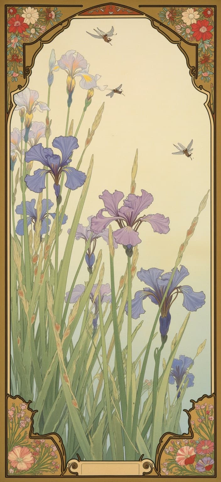 mucha, The painting unfolds a serene and enchanting tableau, where the delicate elegance of damselflies gracefully flits amidst a lush array of iris flowers and slender reeds. In the heart of this composition, the vibrant damselflies, with their gossamer wings glistening in a symphony of translucent hues, dance through the air, embodying the ethereal beauty of nature's delicate creatures. The iris flowers, resplendent in their rich purples and blues, stand tall and proud, their intricate petals unfurling like the gentle brushstrokes of a master artist. Towering reeds whisper secrets as the breeze rustles through them, adding a gentle, rhythmic movement to the stillness.
The scene is painted in the style that draws inspiration from flowing, organic lines and intricate decorative patterns. A harmonious blend of natural motifs such as flowers, vines, and celestial elements artistically weaves through the painting. The backdrop is a highly stylized and dreamlike tapestry, with a romantic aesthetic that captures the essence of Mucha’s artistry. Delicate colors merge with exuberant floral motifs, as sinuous vines intertwine with blooming flowers, and subtle geometric patterns enhance the composition with a refined, ornamental quality.
Encasing this lush natural scene is an elaborate ornamental frame, reminiscent of a grand Gothic window. This intricate border, adorned with organic patterns, flowers, and celestial symbols, serves as a visual unifier. It acts as a gateway into a dreamlike realm where nature and human emotion intertwine in poetic harmony.
The entire composition is centered to ensure a crisp, clean look, making it perfectly suited for printing as a digital wallpaper, transforming any space into a sanctuary of artful elegance and serene beauty.