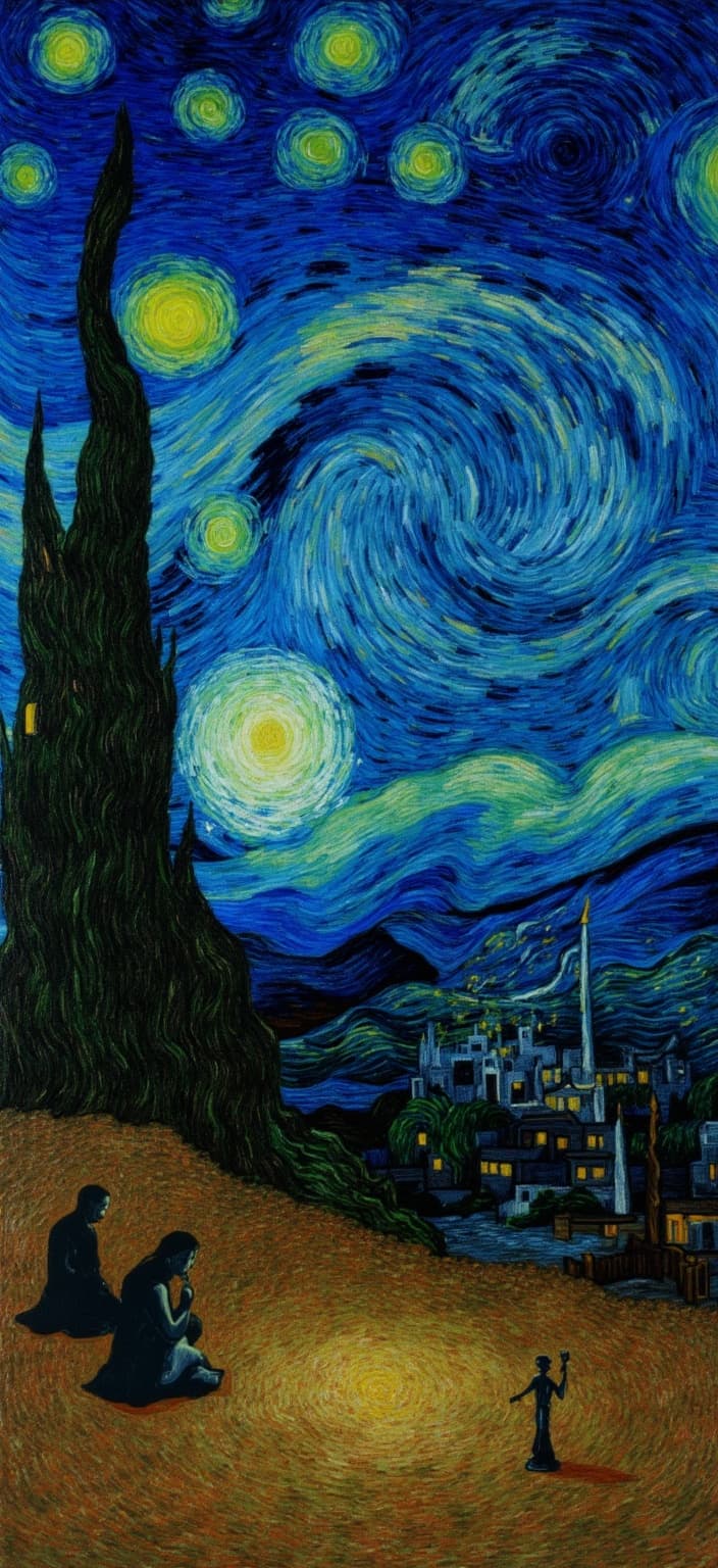 van_gogh, Amidst the haunting beauty of a star-speckled night, a scene unfolds in the vivid and expressive style of Van Gogh. The foreground of the painting is dominated by a dark, moody chessboard, its stark contrasts playing against the luminous sky. Two shadowy figures, ethereal and ghostlike, sit in deep contemplation, their forms delicately illuminated by the celestial glow. Above them, the night sky swirls with Van Gogh's signature post-impressionist dynamism, featuring thick, textured brushstrokes that breathe life into each star, rendering them as blazing, golden orbs amidst the deep cobalt and charcoal expanse.
The vibrant yellows of the stars and a distant village's warmly lit windows pierce through the cool darkness, casting a surreal glow that encapsulates the duality of hope and mystery. Tall, enigmatic cypress trees, painted with bold, sweeping motions, sway gently beside the chessboard, their dark forms bridging the terrestrial with the ethereal. The trees' leaves twist and curl in rhythmic patterns, resembling Van Gogh's flame-like brushstrokes, infusing the landscape with movement and emotional depth.
This scene, with its intense color contrasts of blue and orange, yellow and purple, captures the essence of Van Gogh's bold, expressive compositions. Each impasto layer of paint adds texture, creating a sense of urgency and raw emotion that transcends the canvas, inviting viewers into a world where reality and dream collide. This surreal, poetic composition is centered perfectly to create a crisp, clean image, ideal for a digital wallpaper that immerses the viewer in a captivating dance of color and emotion.