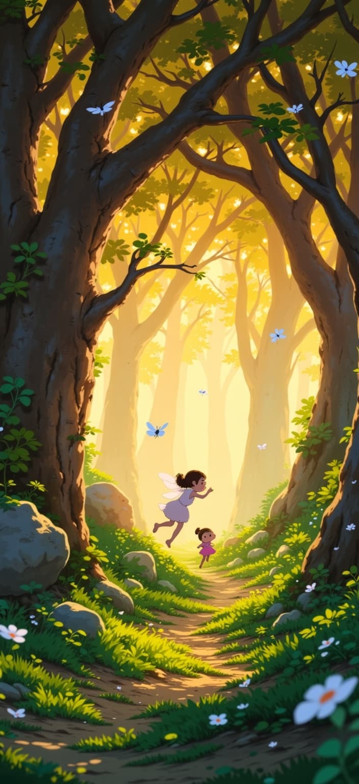 ghibli_illustration, A captivating painting of a magical forest, enveloping viewers in a dreamlike ambiance. At the heart of this enchanting woodland, tiny spirits gracefully dance amidst the lush foliage. These ethereal beings, with their delicate wings and luminescent auras, are depicted with expressive, hand-drawn character designs that convey their whimsical and joyful nature. They appear almost as if in motion, bringing life to the scene with organic movements and subtle imperfections.
The forest setting is richly detailed, with an abundance of vibrant yet slightly muted colors that create a harmonious balance. The trees, draped in a tapestry of warm hues, exude a cozy and inviting glow under the natural lighting that filters through the canopy. Every leaf, branch, and blade of grass is meticulously rendered, giving the impression of a world brimming with life and texture. The backgrounds are carefully designed with a hand-drawn animation feel, showcasing soft, painterly textures and pencil sketch-like elements, enhancing the nostalgic quality.
Despite the whimsical aura, the scene maintains a sense of realism due to the accurate proportions of its subjects and the tangible presence of everyday objects subtly integrated into the forest landscape. This painting masterfully avoids harsh contrasts, opting instead for a cohesive and dreamy visual narrative. The result is a digital wallpaper that draws inspiration from richly detailed, hand-drawn animation styles, offering a print-ready artwork that invites viewers to lose themselves in its serene and magical world.