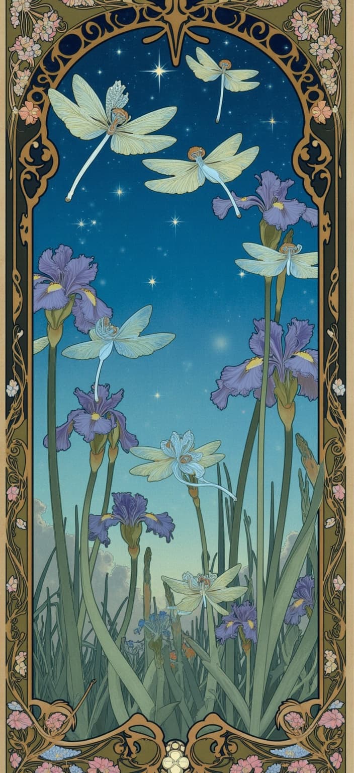 mucha, Enriched prompt: Picture a mesmerizing scene where vibrant blue and green dragonflies hover gracefully in the foreground, their translucent wings catching the soft starlight from a shimmering, indigo sky. These delicate creatures flutter before a lush backdrop of exquisite purple iris flowers, their petals falling like silk against the cool night air. Below, a tapestry of bullrushes and reeds forms a gentle, undulating landscape, adding depth and rhythm to the composition. The star-spangled sky above twinkles with tiny constellations, weaving a celestial tapestry that echoes the dreamlike quality of the scene.
This ethereal landscape is enveloped by an intricate frame of asymmetric art nouveau whiplash curves. The frame is a masterpiece in itself, a testament to the flowing, organic lines inspired by the style's essence. It intertwines exuberant floral motifs with delicate vines and subtle geometric patterns, creating a harmonious blend of nature's artistry. Each curve and embellishment is reminiscent of a Gothic window, detailed with an ornate display of flowers, celestial symbols, and precious embellishments that draw the eye inward, inviting viewers to step into this serene, romantic world.
The entire image exudes a dreamlike tranquility and refined ornamental quality that is perfect for digital wallpaper. The harmonious blend of intricate detail and timeless beauty ensures it serves as a stunning visual centerpiece, transforming any digital device into a gateway to this poetic realm where nature and emotion dance together under the glow of a starry night.
