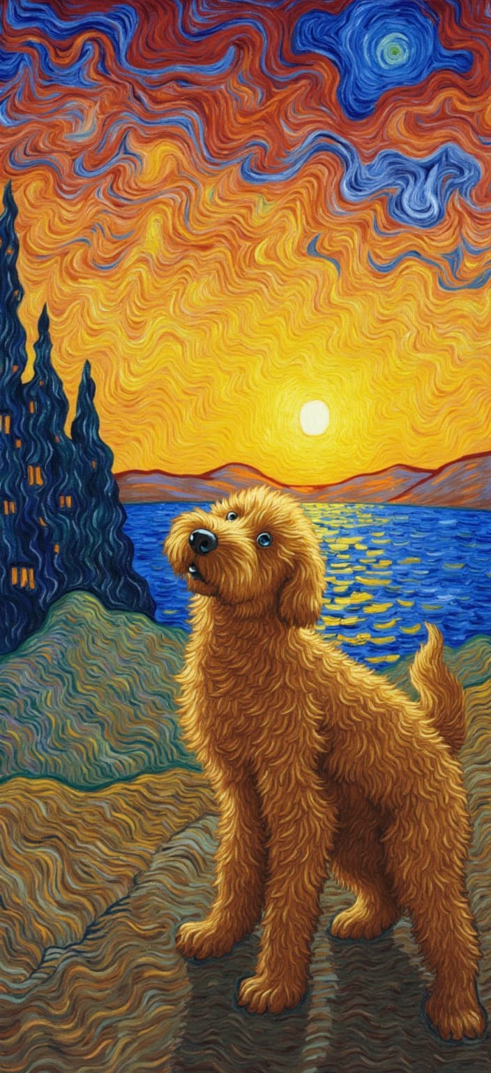 van_gogh, Enriched prompt:
Imagine a breathtaking painting capturing the serene yet emotionally charged moment of a fluffy, playful golden doodle puppy as it gazes intently at a stunning sunset. The puppy, with its curly fur rendered in swirling, flame-like brushstrokes, stands at the heart of the composition, inviting the viewer into its world of wonder. The sunset before it is a symphony of intense colors—fiery oranges and deep blues—reflecting off the water and the puppy’s eyes, creating a vivid tapestry of contrasting hues.
The impasto technique is used to apply layers of rich colors, with dynamic brushwork that adds depth and texture to the scene. The sky, alive with bold, expressive strokes, almost seems to pulsate with a life of its own, blending seamlessly into the horizon where yellows meet purples in a captivating dance of complementary contrasts. This vibrant, rhythmic energy mirrors the innocent curiosity and joy emanating from the puppy, as if the entire universe shares in its moment of discovery.
This painting, designed as a digital wallpaper, ensures that the central focus remains clean and crisp, suitable for transforming any digital screen into a window of vibrant emotion and movement. The combination of energetic patterns and the use of vigorous, linear strokes imbues the artwork with an undeniable sense of urgency and raw emotion, creating a piece that is both deeply personal and universally compelling.