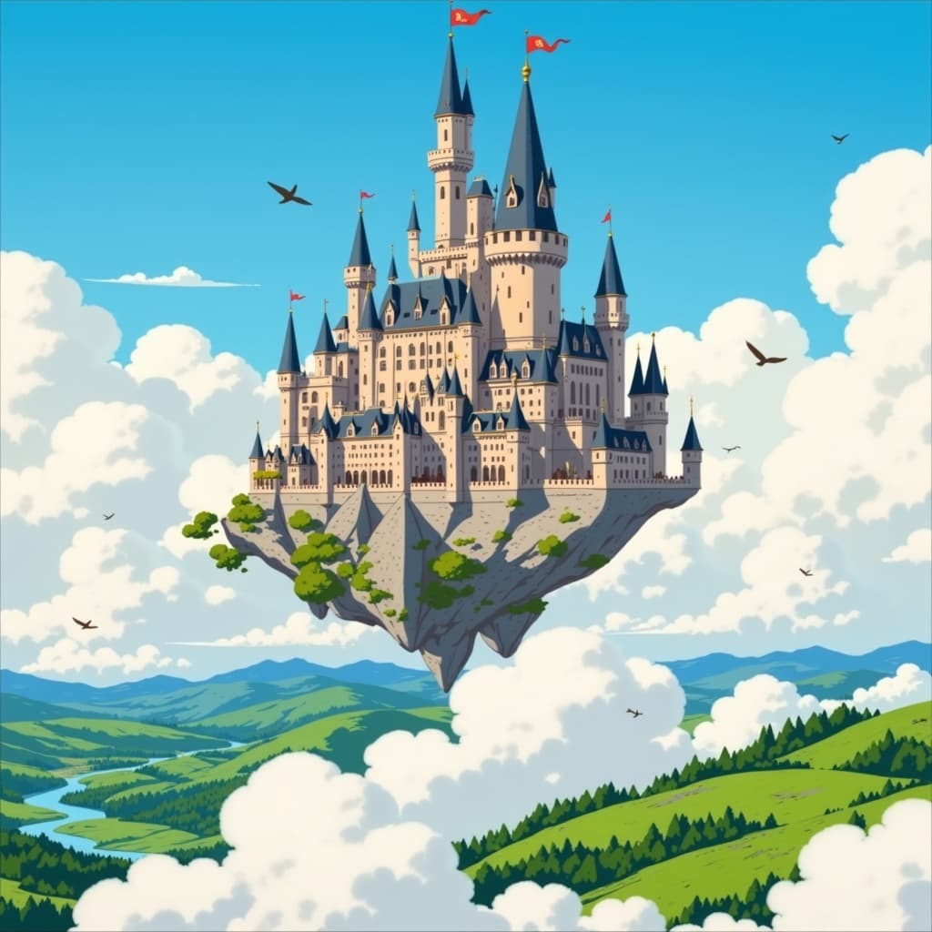 ghibli_illustration, Imagine a breathtaking scene where a majestic flying castle floats serenely amidst the soft, fluffy clouds. The castle, with its soaring turrets and intricately carved stonework, appears to be a relic from a magical realm, rooted in fantasy yet alive with detail. Its grandeur is adorned with vibrant banners that sway gently in the breeze, adding a splash of color that harmonizes with the bright, yet slightly muted, pastel tones of the sky.
The style is reminiscent of hand-drawn animation, capturing the viewer's imagination with richly detailed backgrounds and expressive architectural designs. The painting exudes a whimsical and joyful aesthetic, with each element carefully drawn to evoke a storybook charm. The castle's stonework is lovingly sketched, showing subtle imperfections and organic movement that breathe life into the structure.
Surrounding the castle, the clouds are painted with soft, painterly textures, appearing almost tangible, like a sea of cotton that cushions the magical fortress. Warm, natural lighting bathes the scene, creating an inviting, cozy mood that invites the viewer to linger and dream. The light dances across the castle's surface, casting gentle shadows that enhance the sense of depth and dimension.
Below the castle, the landscape is hinted at through breaks in the cloud cover, revealing glimpses of lush, rolling hills and glimmering rivers, rendered with the same meticulous attention to detail. Everyday objects, such as birds soaring alongside the castle, are carefully depicted, adding to the feeling of a world that is both tangible and enchanted.
This painting is centered, ensuring that the flying castle and its surroundings are the focal point, creating a crisp, clean look that is perfect for wall art. The composition is thoughtfully balanced, with each element proportioned accurately to maintain a sense of harmony and coherence. The overall dreamlike quality of the piece, with its nostalgic and cozy atmosphere, makes it a captivating addition to any space, inspiring both wonder and a sense of serene adventure.