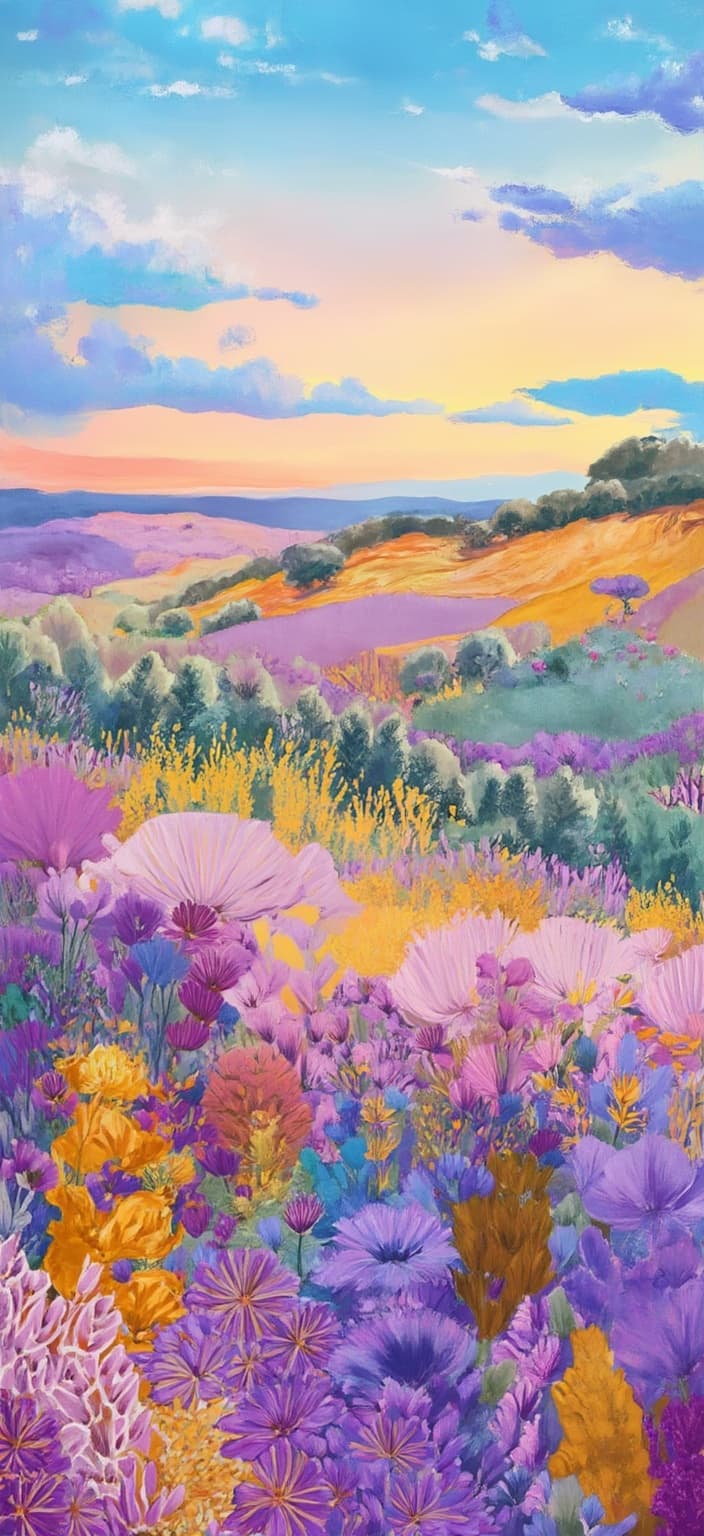 colorful_illustration, A captivating painting capturing the essence of tranquility, your eyes are immediately drawn to a vast lavender field that stretches endlessly towards the horizon. The lavender blooms with vibrant purples and soft lilacs sway gently under the playful whispers of a warm breeze. Above, the sky transitions from hazy pastels to deeper hues as the sun begins its descent, casting a golden glow across the landscape. Fluffy, soft clouds punctuate the sky, adding a touch of serenity and peace.
This enchanting scene is captured in a style that is both vibrant and colorful, inspired by a playful, dynamic, and hand-drawn aesthetic. The painting is alive with organic shapes and scattered decorative elements—various leaves and floral forms are woven into the composition, creating a harmonious, natural flow that enchants the viewer's eye. The intricate composition reflects a lavish, decorative style where bold organic shapes interplay with delicate details, featuring ornamental elements such as dots, swirls, and abstract motifs.
These intricate patterns and the luxurious layering of colors create an exquisite sense of depth and movement, inviting the viewer to immerse themselves in the scene. Organic shapes and radial floral patterns lend a harmonious, hand-drawn feel, reminiscent of Scandinavian folk art and mid-century botanical prints. This art piece, with its rich detailing and vibrant colors, is perfectly centered, designed to be a strikingly beautiful and calming digital wallpaper that transforms any space with its serene beauty.