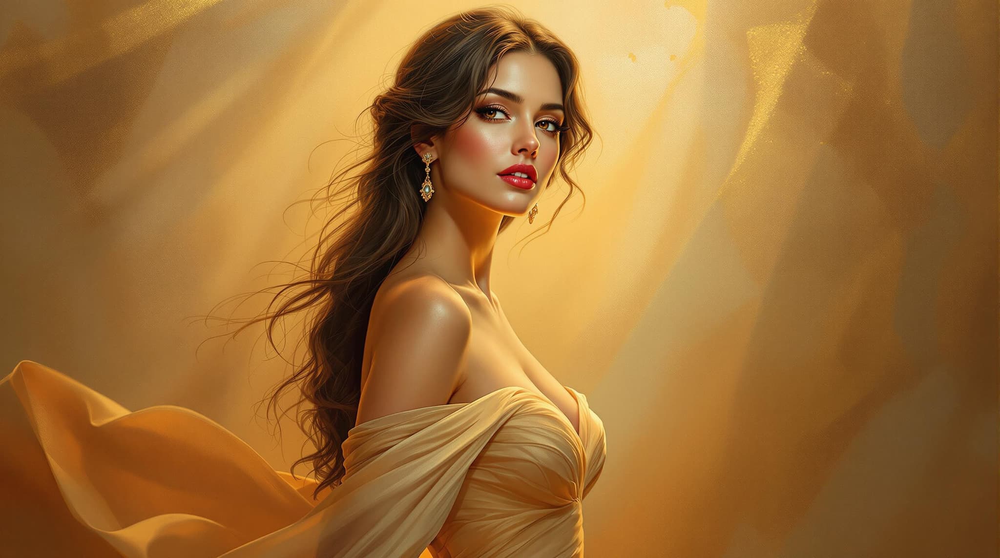 , A timeless masterpiece unfolds on the canvas, embodying the essence of classical artistry in a stunning, realistic portrait. At the heart of this creation stands a confident and beautiful woman, exuding grace in an elegant, form-fitting evening dress. The dress, expertly rendered, drapes her silhouette with precision and sophistication, capturing the delicate interplay of light and shadow in exquisite detail.
Under the soft, golden illumination, her smooth skin glows with an ethereal warmth. The artist has skillfully applied subtle makeup to accentuate her natural beauty, while her sultry expression hints at both mystery and allure. Long, flowing hair cascades around her shoulders like a gentle waterfall, each strand meticulously painted to convey movement and texture.
The background is softly lit, awash with warm tones that create a harmonious backdrop, enhancing the subject without overshadowing her presence. The cinematic mood pervades the scene, inviting the viewer to linger in its exquisite ambiance.
This artistic and classy composition is a testament to the timeless elegance of the classical style, merging traditional techniques with contemporary realism. Rendered in 4K ultra-high resolution, the painting is a perfect fit for a sophisticated digital wallpaper, ensuring that every detail is captured with clarity and finesse, making it an impeccable choice for those seeking a distinguished and refined visual experience.