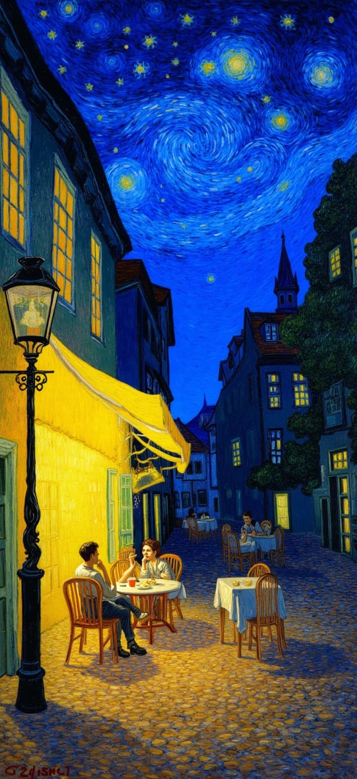 van_gogh, The painting captures a mesmerizing scene of a cafe terrace under a brilliantly starry night sky, evoking a sense of intimacy and wonder. The scene is richly adorned with intense colors and dynamic brushwork that bring an emotional depth to the atmosphere. The cafe, with its quaint charm, is illuminated by warm, inviting lights that spill onto the cobblestone pavement, casting a golden glow that contrasts vividly with the deep blue of the night.
The night sky above is a swirling tapestry of rich blues and vivid yellows, painted in thick, impasto layers that create a sense of movement and vibrancy. Stars twinkle with a pulsating quality, their energy mirrored in the curly, flame-like brushstrokes that dance across the sky. The bold complementary contrasts of orange and blue highlight the visual impact, making the scene almost come alive.
Seated at the tables are shadowy figures, softly suggested with loose, energetic strokes, their presence adding a human touch to the scene. The architectural details of the cafe, rendered with a sense of urgency, resonate with raw emotion, drawing viewers into a universal experience of nightlife wonder.
The artwork, centered with care, ensures a crisp, clean composition suitable for a digital wallpaper. The rhythmic, pulsating quality of the brushstrokes, combined with vigorous, linear patterns, infuses the painting with a unique sense of life and motion, making it both deeply personal and universally compelling—a perfect blend of beauty and emotion, ready to grace any digital space.