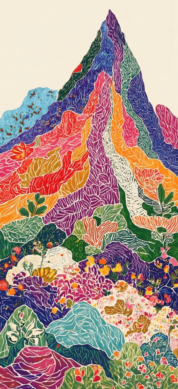 colorful_illustration, Title: "Majestic Peak in Vibrant Harmony"
Enriched Description: The painting centers around a majestic mountain, its peak proudly reaching towards the sky, encapsulating a sense of serenity and awe. The mountain is portrayed with an array of vibrant and lively colors, capturing the playful and dynamic essence of a hand-drawn illustration. The slopes are adorned with whimsical organic shapes, scattered decorative elements, and an ensemble of varied leaves and floral elements, each carefully arranged to add a natural, free-flowing quality to the design.
The background flourishes with a lavish, decorative style, where intricate compositions blend bold organic shapes with delicate, ornamental details such as dots, swirls, and abstract motifs, inspired by the richness of Scandinavian folk art and mid-century botanical prints. Luxurious layers of colors and patterns create a deep sense of movement and depth, contrasting harmoniously against the mountain's grandeur.
The entire composition is thoughtfully centered, ensuring a crisp and clean aesthetic perfect for digital wallpaper, allowing the viewer to lose themselves in the intertwined beauty of nature and art, where every detail invites closer inspection and appreciation.