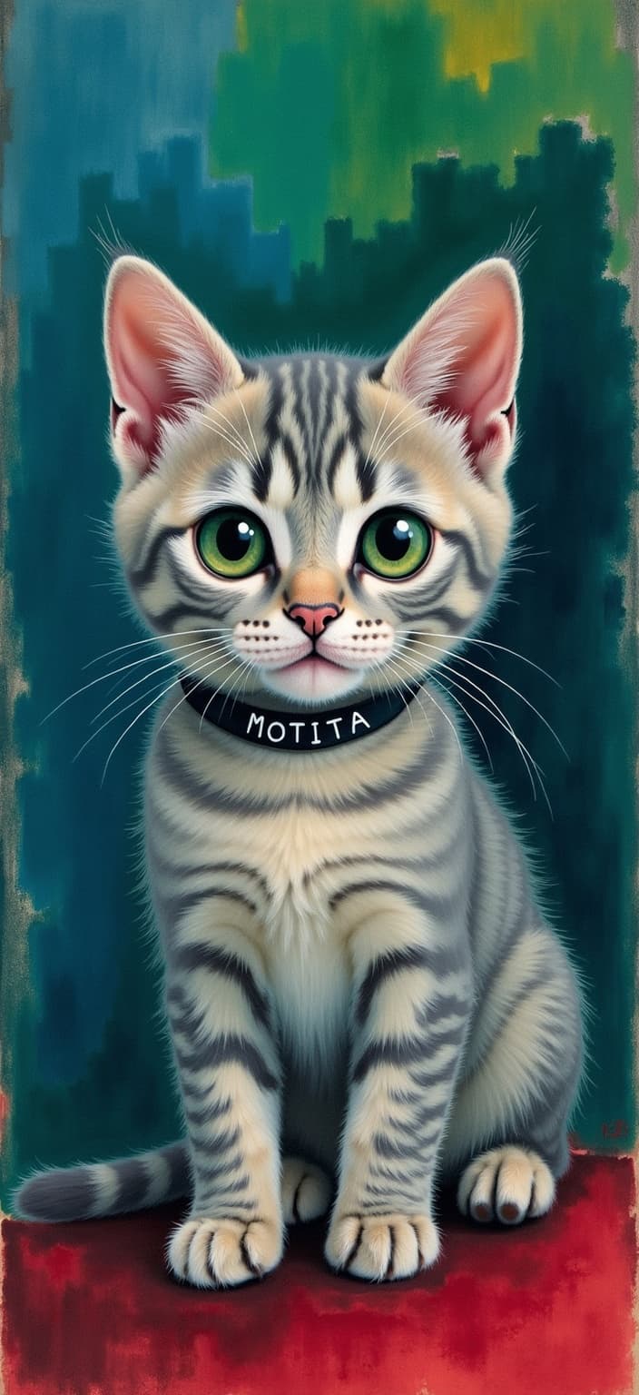 rothko, The painting captures an enchanting scene centered around a small, slightly fluffy gray kitten, exuding an aura of delicate charm. Its vivid green eyes gleam with curiosity and innocence, offering a striking contrast against its soft, muted fur. Gracefully adorning its neck is a collar, elegantly inscribed with the name "Motita," adding a personal touch to the whimsical character of the furry subject.
The backdrop presents a captivating interplay of colors, with a rich, dark blue serving as the canvas, seamlessly blending into mesmerizing swirls of green and red. This ethereal background draws inspiration from the complex layering technique, where translucent hues allow light to gently filter through, imparting a remarkable luminosity and an almost celestial glow to the entire composition.
From a distance, the colors coalesce into soft-edged rectangles, hovering weightlessly, creating floating zones of color that evoke a sense of tranquility and mystery. Up close, the intricate detail reveals richly varied surfaces, where paint drips and strokes defy convention, running in unconventional directions, merging and blurring the boundaries between the shapes.
This meticulously crafted artwork is designed to create a crisp and clean visual experience, making it perfect for digital wallpaper, where every delicate brushstroke and hue variation captures the viewer's attention, creating an immersive and serene atmosphere.