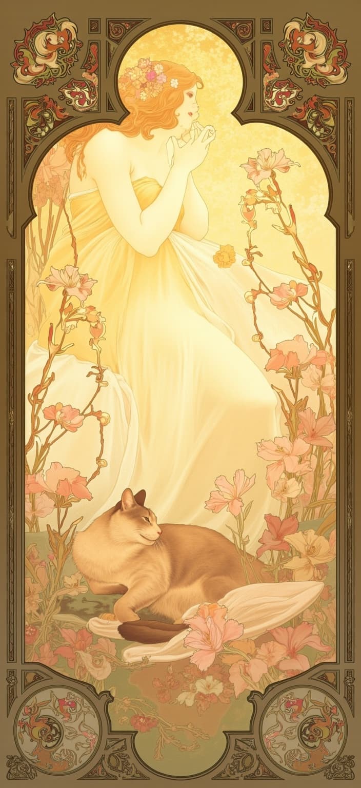 mucha, In this stunning digital wallpaper, an elegant chiller cat is basking in the warm embrace of sunlight, a scene that epitomizes serene luxury and quiet grace. The feline reclines with poise, its sleek form expertly rendered against a backdrop that draws heavy inspiration from the Art Nouveau style, particularly echoing the works of Alphonse Mucha. The cat's fur glistens softly in the sunlight, with subtle hints of coloration that capture the eye and hint at its regal nature.
Around the lounging feline, flowing, organic lines form intricate decorative patterns. Vines wend their way through the scene, creating a sense of movement and life, while clusters of blooming flowers add bursts of delicate color—soft pastels that speak to the harmony of the setting. Celestial elements, such as subtle stars and crescents, intermingle with the natural motifs, hinting at a cosmic connection, timeless and eternal.
The background is a dreamscape of stylized, romantic aesthetics, where nature's beauty is both forefront and background, intertwined with fine art and design elements. Mucha’s influence is undeniable, as the composition weaves delicate colors with exuberant floral motifs, creating an environment both grounded in reality and elevated by imagination.
The entire scene is encapsulated within an elaborate ornamental frame, a nod to grand Gothic windows. This frame features sweeping curves and detailed embellishments—organic patterns, vines, flowers, and celestial symbols—that not only unify the artwork but serve as a threshold into this dreamlike realm. It is a poetic harmony of nature and emotion, an immersive experience that invites the viewer to linger and explore the intricate beauty within the scene.
This digital wallpaper is meticulously designed to ensure a crisp, clean look, perfect for enhancing any digital display with its enchanting and ornate charm.