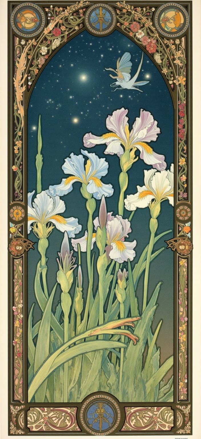 mucha, The painting captures an enchanting scene of blue and green dragonflies delicately dancing amidst the enchanting purple iris flowers. These blossoms are nestled among the earthy hues of bullrushes and reeds, their slender forms reaching upwards, guided by the gentle night breeze. All of this unfolds beneath a mesmerizing starry night sky, where each celestial body shimmers with a whisper of otherworldly light.
The image is deeply inspired by the flowing, organic lines and intricate decorative patterns typical of the Art Nouveau style, evoking a dreamlike, romantic aesthetic. It presents a harmonious blend of natural motifs, seamlessly merging fine art with design. The composition is enriched with a soft palette of delicate colors and exuberant floral motifs, composed of sinuous vines and blooming flowers. Subtle geometric patterns lend the visual a refined, ornamental quality.
The entire scene is enveloped within an elaborate ornamental frame, reminiscent of a grand Gothic window. This intricate border, adorned with sweeping curves and detailed embellishments, features organic patterns, flowers, and celestial symbols. These elements not only unify the visual composition but also act as a gateway into a realm where nature and human emotion intertwine in poetic harmony. This art piece is centered with precision to ensure a crisp, clean look that enhances its appearance as a digital wallpaper, transforming any screen into a portal to a world of mystical beauty.