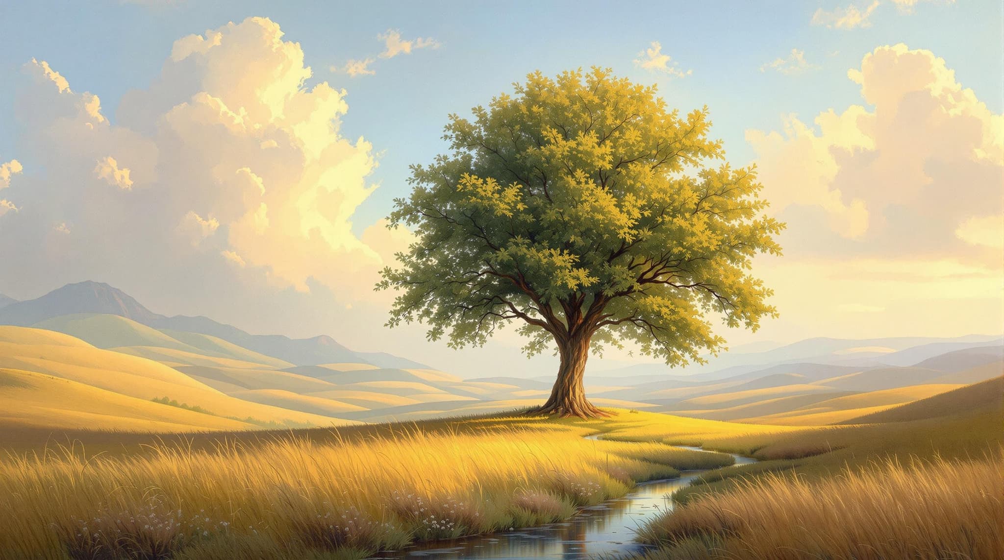 , A breathtaking painting captures the serene beauty of a single, majestic tree standing gracefully in the heart of a sprawling valley. This classical-style masterpiece draws inspiration from the romantic landscapes of renowned artists, utilizing gentle brushstrokes and a warm, harmonious color palette that seamlessly blends earth tones with soft pastels to evoke a sense of timeless elegance. The tree, a symbol of strength and tranquility, is depicted with intricate detail, its lush foliage cascading with various hues of green that dance under the play of dappled sunlight.
The valley around the tree is painted with sweeping, rolling hills that stretch into the distance, offering a sense of depth and perspective typical of classical artistry. A gentle stream meanders through the scene, reflecting the sky's delicate hues and adding a touch of motion to the otherwise tranquil setting. The sky is vast and expansive, filled with billowy clouds that capture the nuanced shifts in light, from the golden warmth of dawn to the deeper, serene blues of approaching dusk.
This exquisitely detailed composition is centered perfectly, ensuring a crisp and clean aesthetic that makes it an ideal choice for digital wallpaper. Its classical elegance and balanced design create a calming and inviting atmosphere, transforming any digital space into an oasis of natural beauty and serenity.