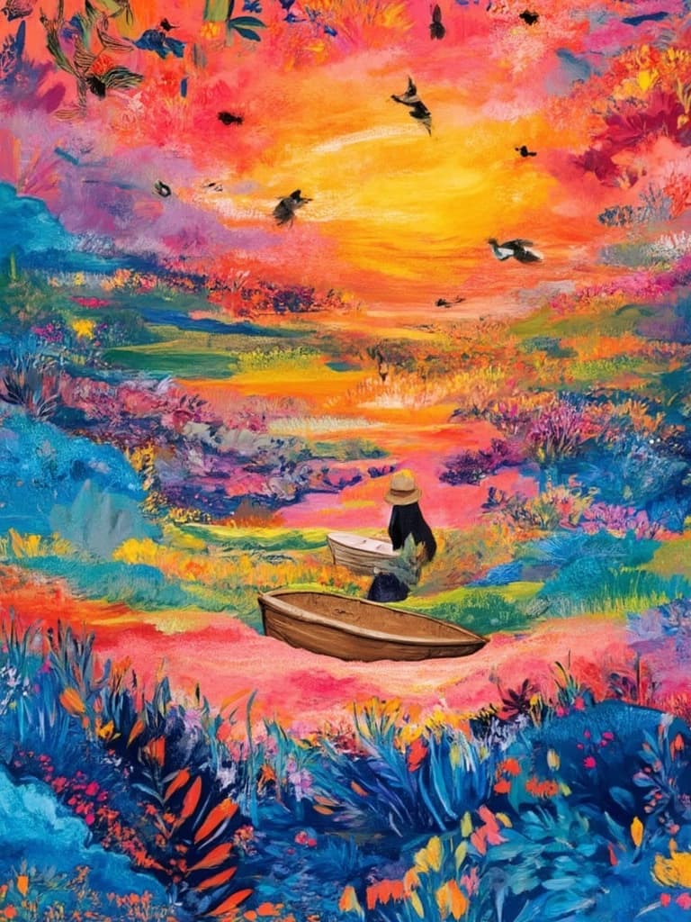 colorful_illustration, Enriched prompt: Imagine a small rowboat gently drifting through undulating waves under a mesmerizing sunset, captured from behind. The solitary figure, a man wearing a simple straw hat, sits calmly, embodying a sense of tranquility and solitude against the vibrant backdrop. The scene is bathed in a symphony of colors, where the fiery oranges and soft purples of the setting sun blend seamlessly with the azure waves, creating a dynamic and vibrant illustration. The artwork draws inspiration from a playful, hand-drawn style, with every brushstroke radiating energy and movement.
In the background, the horizon is adorned with organic shapes, seamlessly integrating harmonized leaves and floral elements that complement the scene, adding a lush, natural aesthetic. The decorative elements, meticulously placed and varied in form, range from swirling patterns to intricate dots and abstract motifs, reminiscent of the lavish, decorative style found in Scandinavian folk art and mid-century botanical prints. These details, layered luxuriously, create a profound sense of depth and movement, inviting viewers to lose themselves in the intricate composition.
This artwork, with its bold organic shapes and delicate touches, is designed to be the perfect digital wallpaper—a masterpiece that transforms any space with its crisp, clean, and captivating design. The harmonious play of colors and patterns ensures that the image not only captivates the eye but also evokes a sense of serene beauty and dynamic energy, making it a striking visual centerpiece.