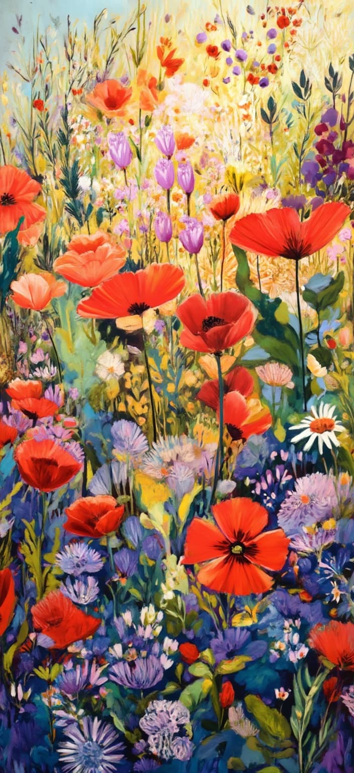 colorful_illustration, In this vibrant and playful illustration, imagine a sprawling field of mixed wildflowers in full, glorious bloom. The canvas is teeming with poppies, their rich reds standing out boldly, interspersed with delicate white daisies and clusters of enchanting bluebells, each flower swaying gracefully in a gentle breeze. The scene is captured from a low angle, allowing sunlight to dramatically flare through the tangle of stems and leaves, casting a warm, golden glow and adding depth to the composition.
The painting draws inspiration from a colorful, dynamic style with a distinct hand-drawn feel. The background is a lively tapestry of organic shapes, adorned with scattered decorative elements that mimic the natural flow of the field. Various floral and leaf motifs are harmoniously arranged, evoking a sense of freedom and spontaneity that is characteristic of nature itself.
Luxuriously layered colors and patterns create a captivating depth and movement across the canvas. The intricate composition blends bold organic shapes with delicate detailing, featuring ornamental features like dots, swirls, and abstract motifs, all contributing to the lavish aesthetic. This artistic style draws upon the lush, decorative qualities reminiscent of Scandinavian folk art and mid-century botanical prints.
Perfectly centered, this image is designed as a digital wallpaper, ensuring a crisp and clean look that is elegantly suited for display, whether on a screen or in print.