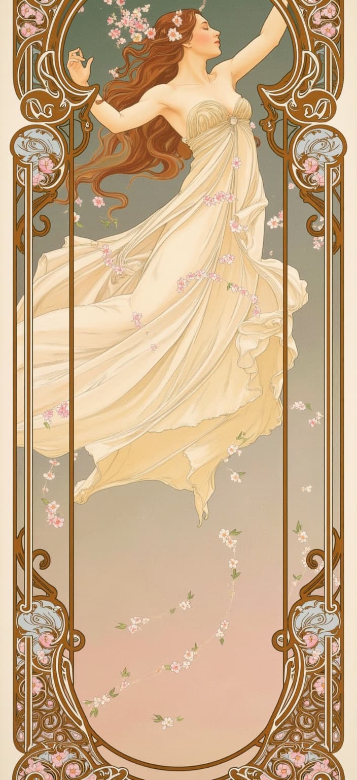 mucha, Title: "Ethereal Dance of the Fairy"
Description: In this enchanting digital painting, a fairy is captured in a ballet-like pose midair, her delicate wings caught in a mesmerizing spiral of cherry blossom petals. The composition draws inspiration from the flowing, organic lines and intricate decorative patterns reminiscent of Mucha’s iconic style. The fairy’s flowing robes gracefully blend into a swirling wind of cherry blossoms, creating a seamless transition between the ethereal figure and her surrounding environment.
The painting is set against a highly stylized background, rich with dreamlike, romantic aesthetics that merge fine art with ornate design. The scene is brought to life through a harmonious blend of natural motifs, including sinuous vines, blooming flowers, and subtle celestial elements, all enveloped in a symphony of delicate colors. The depiction of vines and flowers entwines elegantly with subtle geometric patterns, enhancing the composition with a refined, ornamental quality that invites the viewer into a world where nature and emotion coexist in perfect harmony.
The entire scene is enclosed within an elaborate ornamental frame, inspired by grand Gothic windows. This intricate border is adorned with sweeping curves and detailed embellishments, featuring organic patterns, flowers, and celestial symbols. The frame serves as both a visual unifier and a gateway into a dreamlike realm, providing a crisp, clean look perfectly suited for digital wallpaper. This exquisite composition captures the essence of Mucha’s style, celebrating the intersection of art, nature, and the whimsical beauty of a fairy's dance amidst a cascade of cherry blossoms.