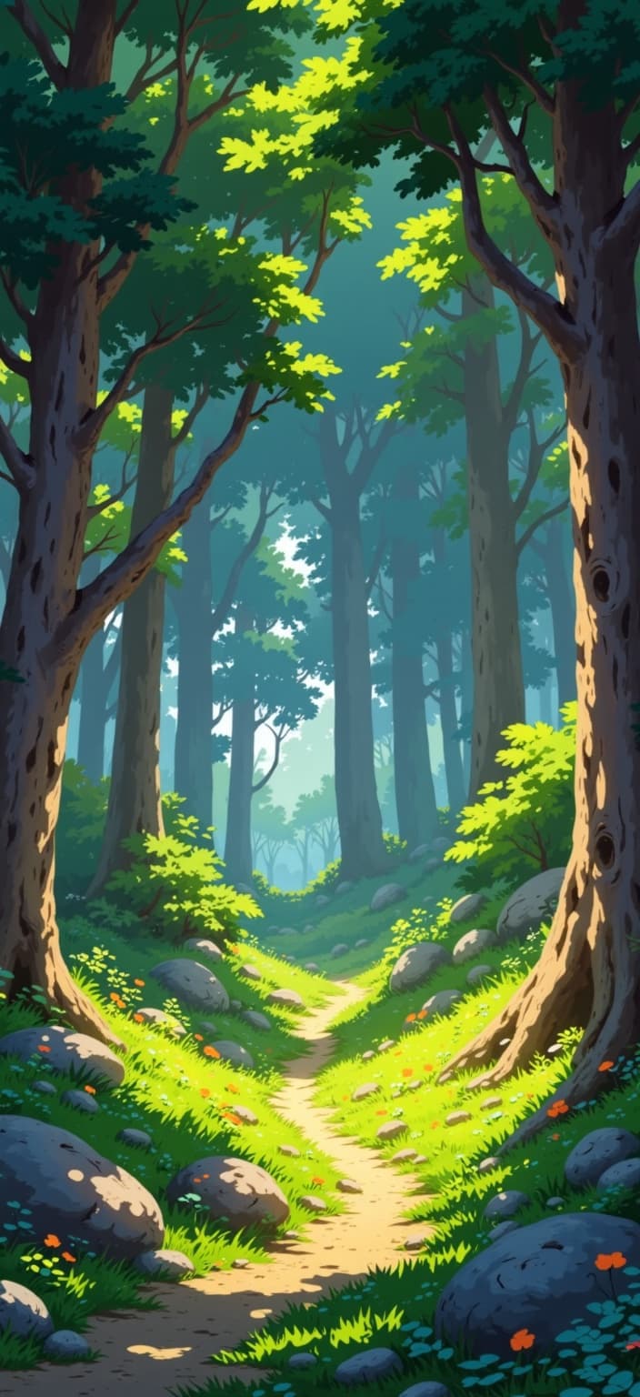ghibli_illustration, In this enchanting digital wallpaper, envision a mesmerizing magical forest painted in a style reminiscent of hand-drawn animation, where richly detailed backgrounds breathe life into the scene. The forest is alive with tiny spirits, each exuding expressive character designs that evoke a sense of whimsy and joy. The harmonious blend of bright colors and soft, painterly textures creates a cozy and inviting mood, drawing viewers into a world of wonder.
The forest is bathed in warm, natural lighting, casting gentle, dappled shadows that dance across the vibrant foliage. The palette is vivid yet slightly muted, maintaining a dreamy, nostalgic quality that invites reflection and exploration. The scene is filled with everyday objects and textures, meticulously rendered to make each element feel tangible and lived-in, from the bark of the trees to the delicate undergrowth.
At the heart of the composition, the tiny spirits are beautifully proportioned and clearly visible, their organic movements captured with subtle imperfections that add to their charm. The forest itself feels alive, with richly detailed backgrounds that envelop the spirits in a lush, magical embrace. This wallpaper not only captures the imagination but also provides a serene and captivating view, perfect for transforming any digital device into a portal to this nostalgic, dreamlike realm.
