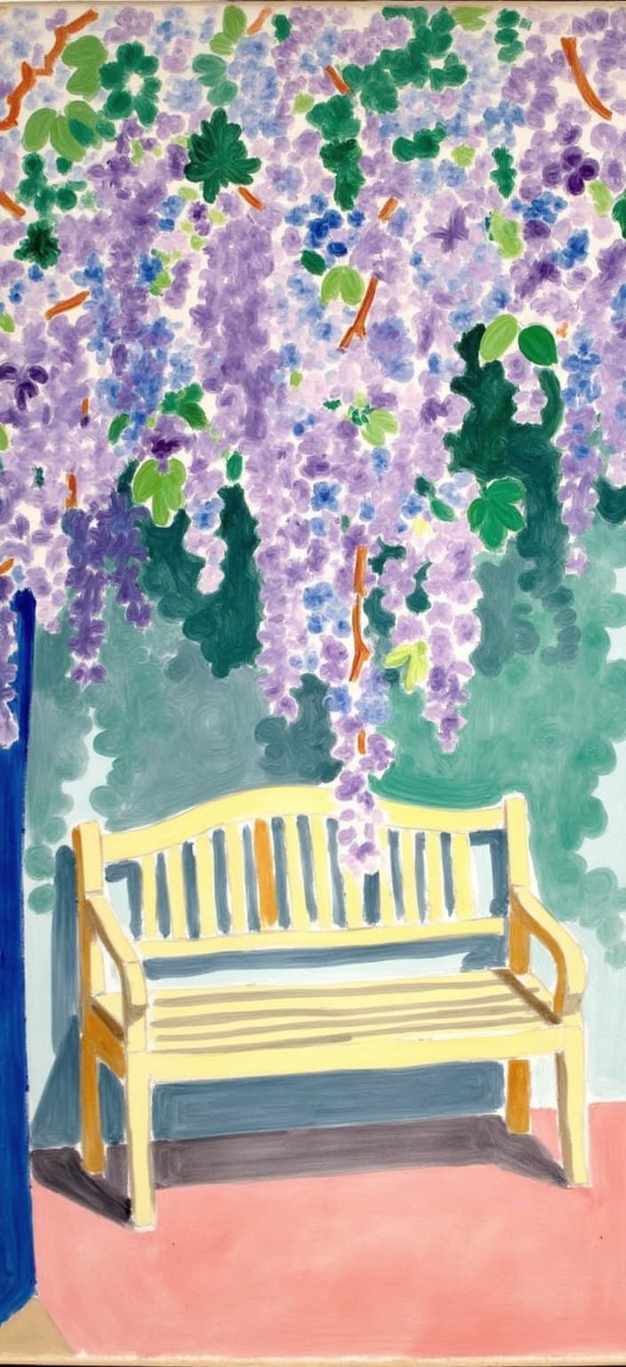 mattise_nice, A radiant and serene digital wallpaper featuring a lush, cascading display of blossoming wisteria delicately hanging over a tranquil garden bench. This scene captures the essence of vintage Japanese style with its gentle nods to traditional elegance and simplicity. The wisteria, in full bloom, showcases a palette of soft lavenders, muted purples, and gentle blues, each petal meticulously detailed and radiating a serene beauty. The garden bench, crafted from elegantly aged wood, rests invitingly beneath the floral canopy, hinting at stories untold and moments of quiet reflection.
The painting draws inspiration from the "Matisse in Nice" style, infusing the composition with vibrant yet harmonious colors and fluid lines that convey a sense of lightness and joy. The use of bold, expressive brushstrokes adds a playful sophistication, while the juxtaposition of shapes and colors evokes a sense of spontaneity and freedom so characteristic of Matisse's work.
This digital masterpiece is centered perfectly, ensuring a crisp and clean aesthetic that is ideal for printing as wallpaper. The balance of the composition provides a serene focal point, enhancing any space with a touch of tranquil beauty and artistic flair.