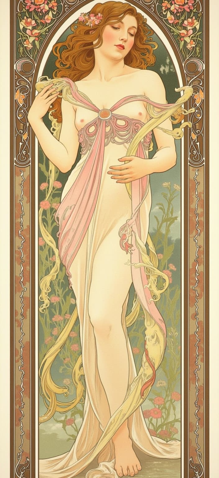 mucha, Title: "Ethereal Harmony - A Tribute to Helo"
Description:
This digital artwork captures the essence of "Helo" in a captivating and dreamlike manner. The composition is a celebration of flowing organic lines and intricate decorative patterns that weave seamlessly through the scene, drawing inspiration from the Art Nouveau style, reminiscent of Alphonse Mucha's masterpieces.
At the heart of the image, "Helo" stands gracefully, enveloped in an aura of tranquility and elegance. Her attire is adorned with intricate floral motifs and celestial symbols, echoing the beauty of nature and the cosmos. Her presence is serene, embodying a sense of timeless grace and mystery.
The background is a tapestry of stylized elements, harmoniously blending fine art with design. Sinuous vines, flourishing flowers, and delicate geometric patterns dance across the canvas, creating a sense of movement and life. The colors are a symphony of soft pastels, reflecting the quiet beauty of dawn or the gentle hues of a twilight sky.
An elaborate ornamental frame surrounds the entire scene, serving as both a visual unifier and a portal into this dreamlike realm. Its sweeping curves and detailed embellishments, reminiscent of a grand Gothic window, are adorned with organic patterns, flowers, and celestial symbols. This intricate border not only enhances the composition but also invites the viewer into a world where nature and human emotion intertwine in poetic harmony.
This digital wallpaper, with its rich details and harmonious composition, is designed to be the perfect piece of art for printing, bringing a touch of elegance and romanticism to any digital space. The image is centered, ensuring a crisp, clean look that captures the viewer's attention and allows them to immerse fully in the enchanting world of "Helo."