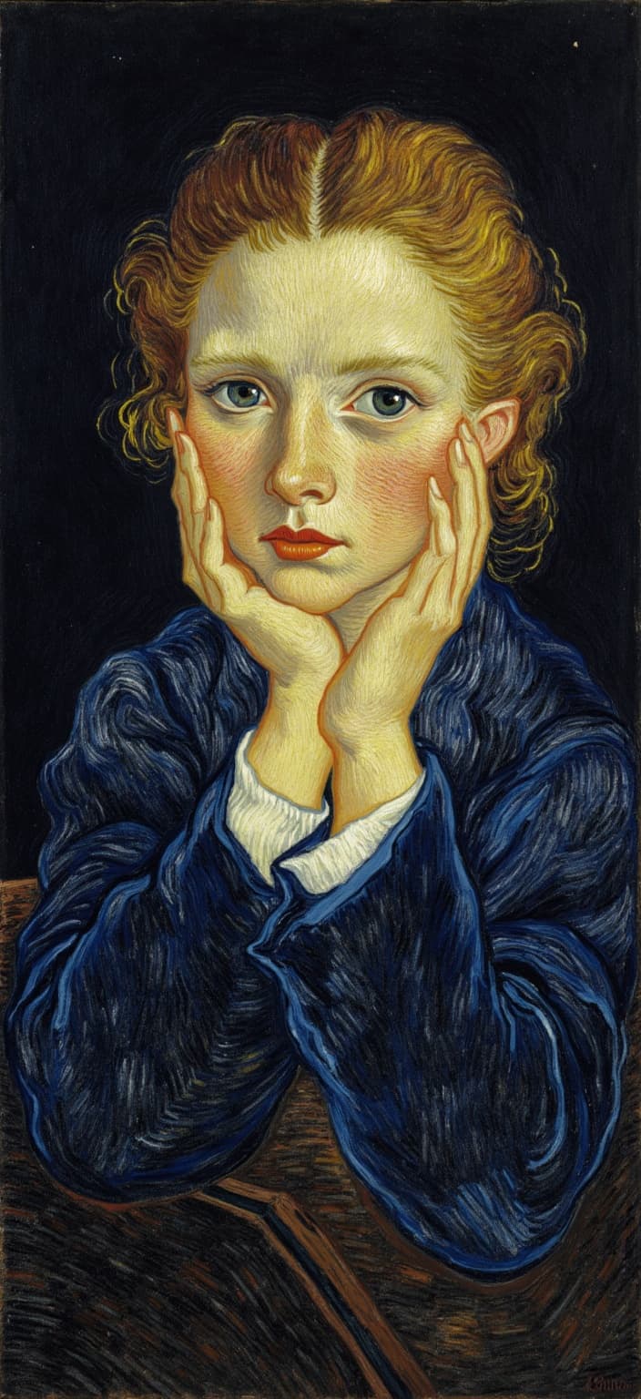van_gogh, A striking portrait of a young girl emerges from a dark background, capturing the viewer's attention with an intense and evocative headshot. The painting draws inspiration from a style characterized by intense color, dynamic brushwork, and bold, expressive compositions. The artist employs vivid, rich colors in thick, impasto layers, creating a vibrant tableau that conveys a sense of movement and emotional depth. Bold complementary color contrasts, such as blue and orange or yellow and purple, are masterfully used to heighten the visual impact and intensity of the piece.
The girl's features are rendered with loose, energetic brushstrokes that ripple across the canvas, forming curly, flame-like patterns that imbue the portrait with a rhythmic, almost pulsating quality. This approach, combined with vigorous, linear patterns, breathes life into the image, suggesting motion and vitality within the confines of a static medium. The painting is infused with raw emotion and a sense of urgency, making it a deeply personal yet universally compelling work of art.
Meticulously centered, this dynamic composition is ideal for digital wallpaper, ensuring a crisp and clean look that accentuates the dramatic interplay of color and form on any screen.