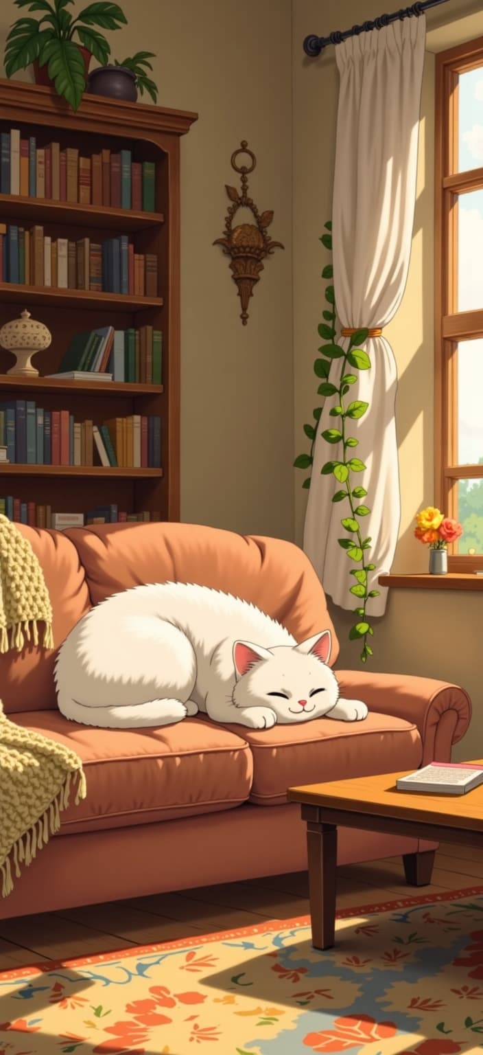 ghibli_illustration, In the heart of a cozy living room, a cute cat is elegantly sprawled on a plush, inviting couch. The cat’s fur is meticulously detailed, each strand lovingly rendered to capture its softness and warmth. The feline's expressive eyes are wide with contentment, drawing the viewer into its tranquil world. Surrounding the cat, the room is alive with a rich tapestry of textures and objects – a hand-knit throw draped over the couch's arm, a stack of well-loved books on a nearby wooden coffee table, and a softly flickering candle casting gentle shadows against the walls.
The painting is reminiscent of a hand-drawn animation, imbued with richly detailed backgrounds and expressive character designs. It bursts with bright but slightly muted colors, enhancing the whimsical and joyful aesthetic. Soft, painterly textures and pencil sketches invoke a hand-drawn feel, complete with subtle imperfections that add organic movement. Warm, natural lighting spills across the scene, creating a cozy, inviting mood. The nostalgic, dreamlike quality is enhanced by the lived-in details of the room, each element carefully rendered to feel tangible and comforting.
The composition is centered to create a crisp, clean look, ensuring it's perfectly suited for digital wallpaper. Every element is proportionate and clearly visible, making the scene not only a feast for the eyes but also a warm embrace for the soul.