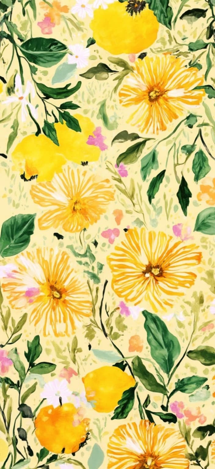 colorful_illustration, The painting features an enchanting array of watercolor lemons interwoven with delicate blossoms, all poised gracefully against a soothing pale yellow background. The composition exudes freshness and cheerfulness, encapsulating the essence of a lively and inviting pattern. The painting draws inspiration from a vibrant and colorful illustration style, characterized by its playful and dynamic, hand-drawn feel. The background is thoughtfully adorned with organic shapes and scattered decorative elements, providing a harmonious balance that complements the central theme.
The artwork is intricately embellished with various leaves and floral elements, seamlessly arranged across the canvas. This arrangement lends a natural, free-flowing quality to the design, enhancing its visual appeal. The lavish, decorative style manifests through an intricate composition that effortlessly blends bold organic shapes with delicate details. Scattered throughout are ornamental elements like dots, swirls, and abstract motifs, adding layers of interest and sophistication.
The luxurious layering of colors and patterns creates an immersive sense of depth and movement, drawing the viewer into its vibrant world. The organic shapes and radial floral patterns evoke a harmonious, hand-drawn feel, reminiscent of Scandinavian folk art and mid-century botanical prints. This art piece is exquisitely centered to ensure a crisp, clean look, making it a perfect fit for printing onto digital wallpapers, where it can brighten and invigorate any space with its cheerful and artistic flair.