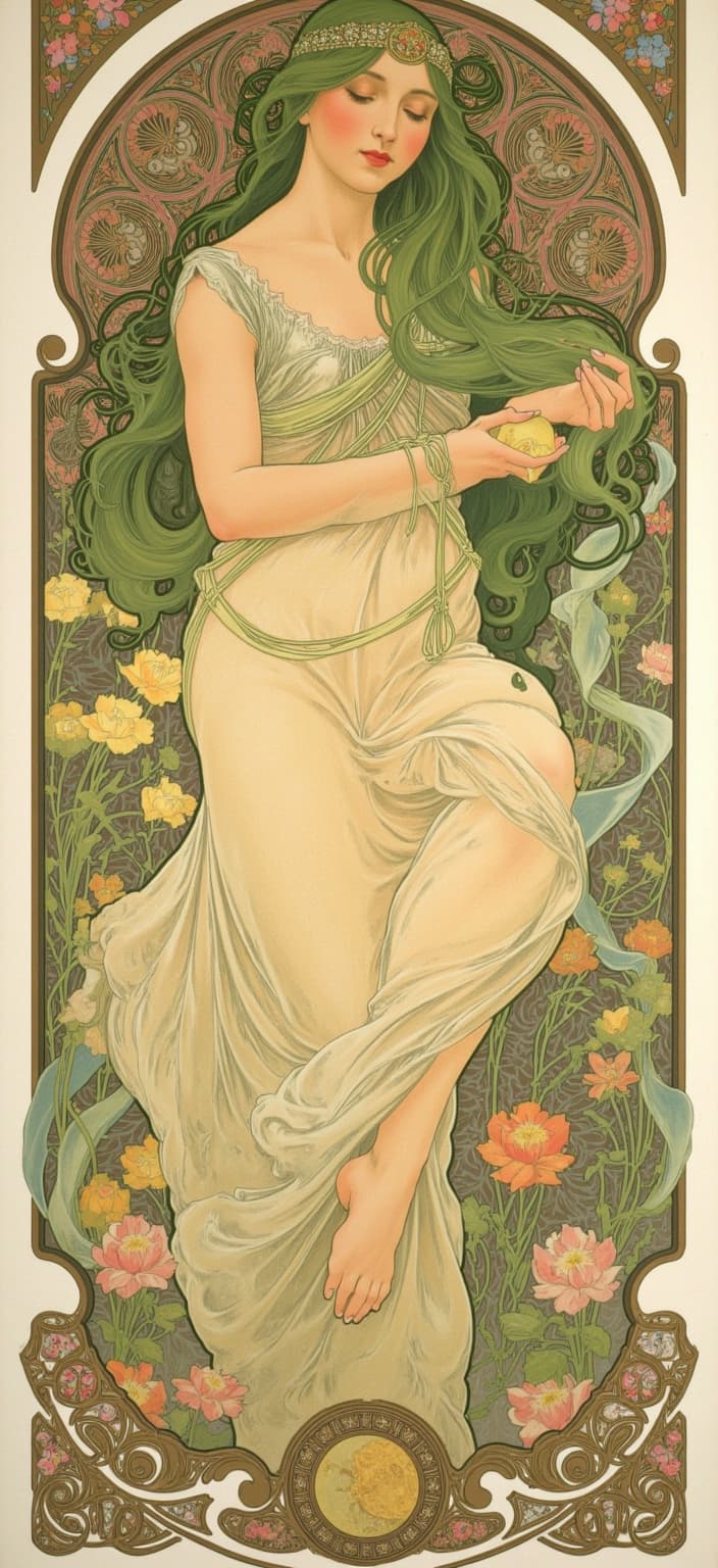 mucha, In a dreamlike, romantic painting inspired by the flowing, organic lines and intricate decorative patterns characteristic of Mucha’s style, a captivating scene unfolds. At the heart of this artwork stands a girl with mesmerizing green hair, cascading like a waterfall of emerald waves. Her half-lidded eyes exude an air of mystery and serenity as they fixate on a golden apple that she delicately cradles in her hands. The apple, shimmering with a rich golden hue, seems almost ethereal, capturing the light in a way that suggests it holds a magical secret.
Surrounding her is a lush tableau of nature and emotion, where sinuous vines weave their way through a tapestry of exuberant floral motifs. These flowers, with their vibrant, delicate petals, seem to bloom eternally, each one a burst of color and life. Scattered among them are celestial elements—tiny stars and crescent moons that add a touch of the cosmic to the terrestrial beauty.
The background, a highly stylized mosaic of soft, pastel hues, enhances the scene's dreamlike quality, drawing the viewer into a world where fantasy and emotion coexist in poetic harmony. This harmonious blend of natural motifs forms a seamless backdrop that envelops the subject in a cocoon of artistic elegance.
Framing this enchanting composition is an elaborate ornamental border, reminiscent of a grand Gothic window. Its sweeping curves and meticulous embellishments in organic patterns, flowers, and celestial symbols serve as both an anchor and a portal, inviting the viewer to step into this beautifully curated universe.
The entire image is centered in such a way that it maintains a crisp, clean look, perfectly suited for a digital wallpaper. This ensures that when it graces the screen, it does so with clarity and an aura of refined beauty, transforming the space into a sanctuary of art and tranquility.