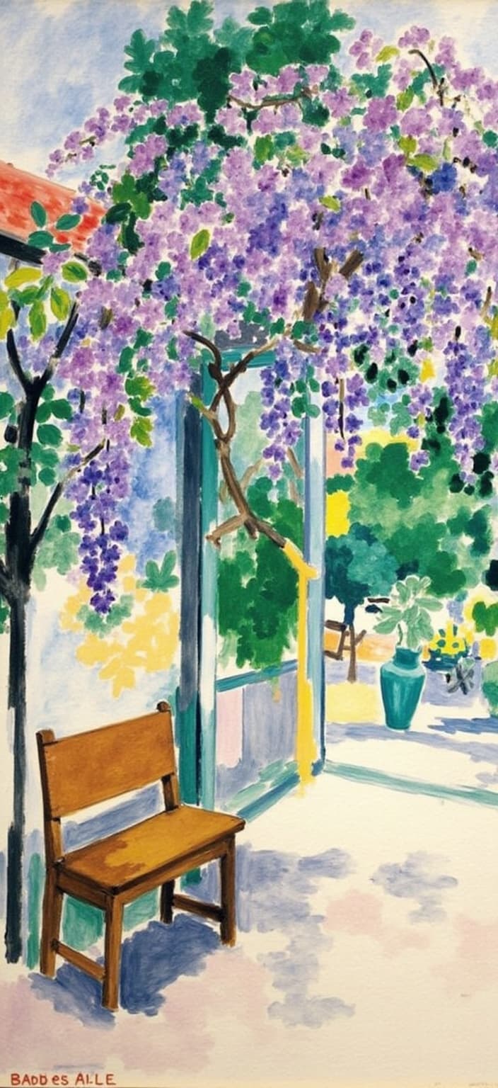 mattise_nice, In a serene garden scene, a cascading canopy of blossoming wisteria creates a delicate curtain of lilac and violet hues, gracefully arching over a quaint, wooden garden bench. The bench, aged with time, sits in quiet solitude, inviting a moment of contemplation within the tranquil setting. The background subtly hints at the distant outline of a traditional Japanese garden with stone pathways and lush greenery, enveloping the scene in an aura of peace. Painted in a style inspired by Matisse's work during his time in Nice, the composition sings with vibrant colors and bold brushstrokes that capture the essence of nature's beauty with a modernist flair. The painting's composition is centered, ensuring the elements are perfectly balanced, creating an image that exudes tranquility and harmony — ideal for digital wallpaper to bring a touch of elegance and calm to any space.