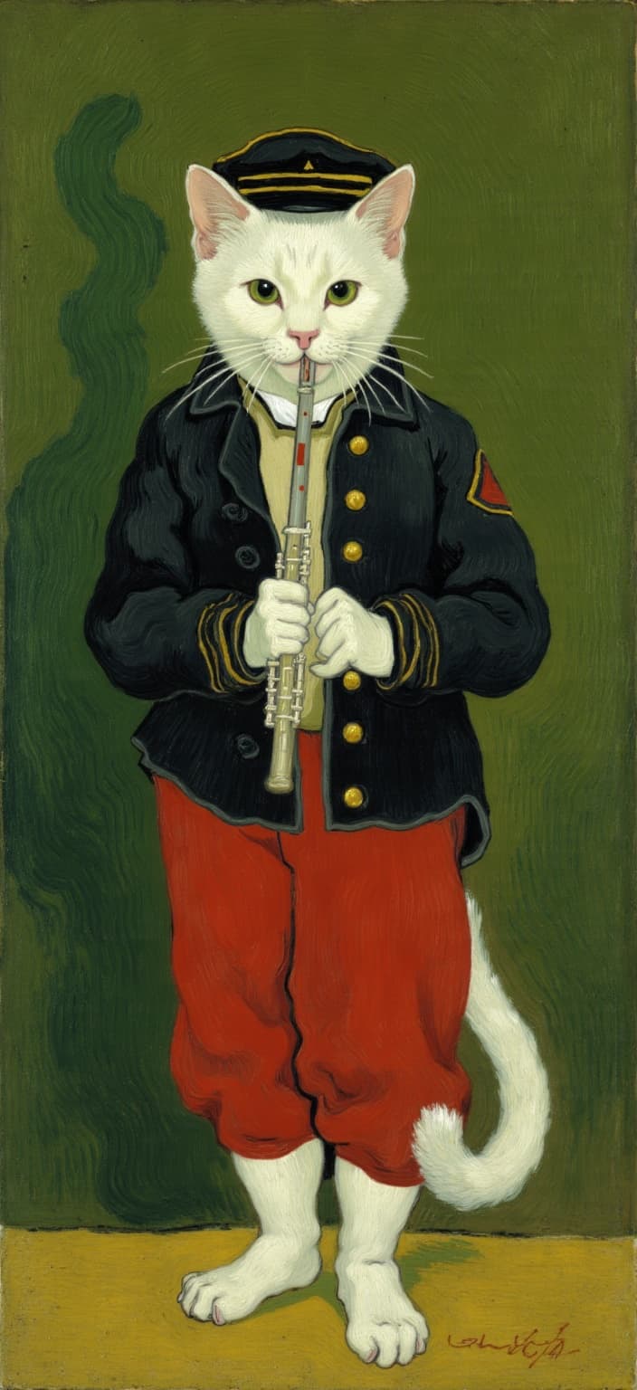 van_gogh, The painting features a whimsical reinterpretation of Édouard Manet’s ‘The Fifer’, where a cute white cat takes center stage, standing upright with an air of charming confidence. The cat is adorned in a dark military-style jacket, intricately detailed with shimmering gold buttons, and pairs it with vibrant red trousers that add a dramatic flair to its ensemble. Atop its head sits a black cap, trimmed elegantly with a striking yellow band, perfectly complementing the outfit and adding a touch of sophistication.
In its delicate paws, the feline holds a flute, poised gracefully at its mouth, as if captured in the midst of a melodious performance. This playful element brings a sense of harmony and whimsy, inviting viewers into its melodious world. The cat’s large, luminous eyes are filled with expressive curiosity, offering a delightful twist on the classic composition that enchants and engages.
The background, a rich olive green, is rendered in a flat, yet lush painterly style that pays homage to the 19th-century French realism. Nevertheless, the overall painting draws inspiration from the described style, incorporating intense colors and dynamic brushwork. The cat’s stark white fur contrasts vividly against the bold colors of its attire, while the background’s rich hues are applied in thick, impasto layers, evoking depth and movement.
Employing bold complementary color contrasts, the image radiates visual intensity and emotional depth, with swirling, flame-like brushstrokes that impart a rhythmic, pulsating quality. This dynamic touch is further enhanced by vigorous, linear patterns that convey a sense of life and urgency. Positioned centrally, the composition ensures a crisp, clean look, ideal for a digital-wallpaper, making it both a personal expression and a universally compelling piece of art.