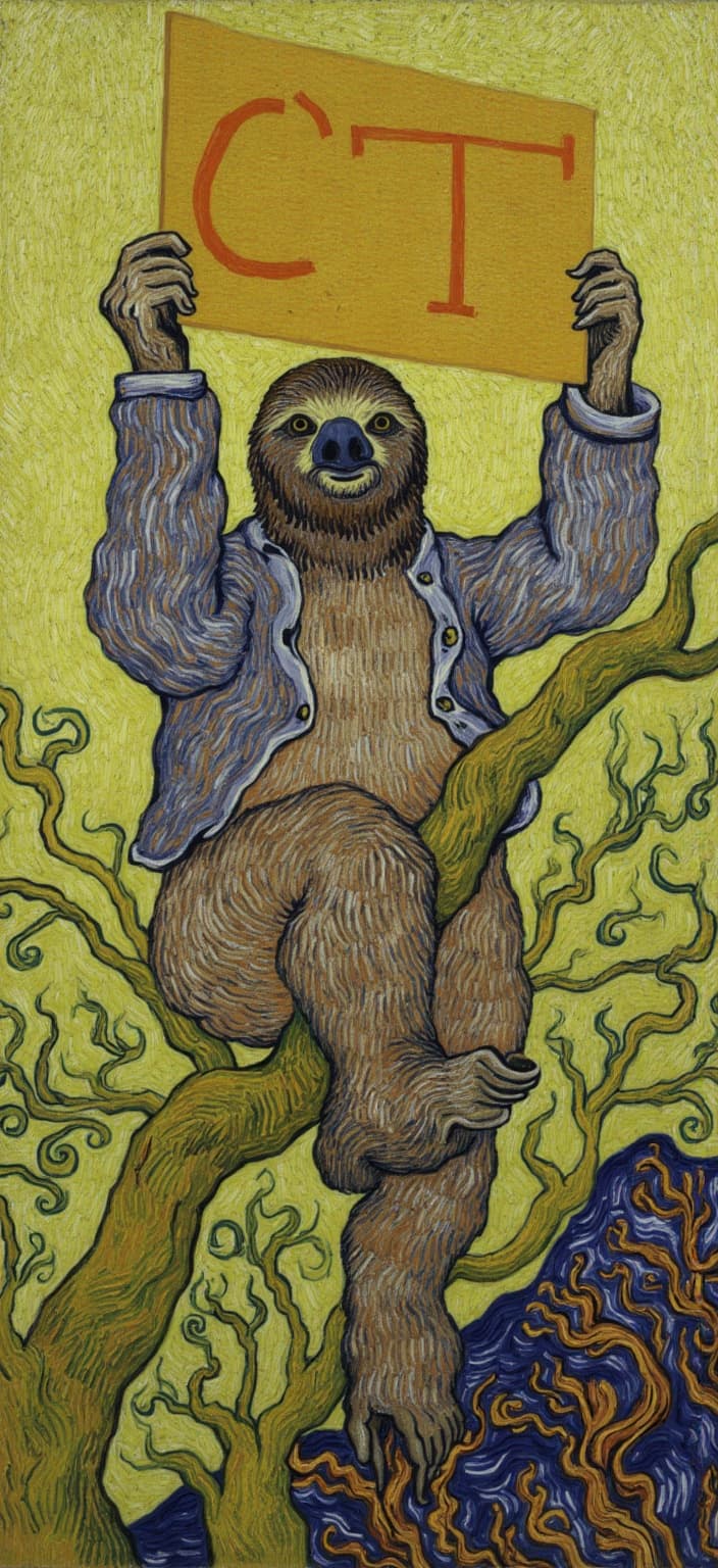 van_gogh, Enriched prompt: A captivating and dynamic painting depicts a sloth lazily perched on a sturdy branch, holding a large sign that prominently displays the letters "CT" in bold, expressive typography. The painting draws inspiration from a style characterized by intense color, dynamic brushwork, and bold, expressive compositions. In this artwork, vivid, rich colors are applied in thick, impasto layers, creating a sense of movement and emotional depth that envelops the viewer. The use of bold complementary color contrasts, such as blue and orange, or yellow and purple, heightens the visual impact and intensity, making the scene come alive.
The brushstrokes are loose, energetic, and often swirling, giving the painting a rhythmic, almost pulsating quality. These curly, flame-like patterns imbue the scene with a unique sense of motion and life, as if the sloth and its environment are in a continuous, gentle sway. The vigorous, linear patterns within the composition convey a raw emotion and a sense of urgency, rendering the artwork deeply personal and universally compelling.
Centered for a crisp and clean presentation, this digital wallpaper ensures that every detail is captured in its glory, making it a perfect piece for anyone looking to add an artful touch to their digital backdrop. The painting not only captures the serene nature of the sloth but also conveys a powerful visual message through its vivid color palette and energetic style.