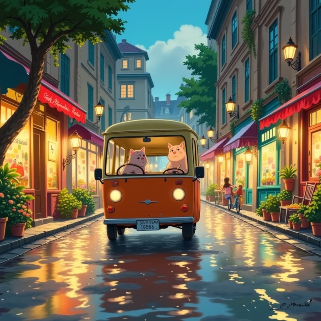 ghibli_illustration, The painting captures the whimsical essence of a cat bus navigating through a rainy street, evoking a sense of childlike wonder and nostalgia. The scene is brought to life with richly detailed backgrounds that seem to breathe and move, as if each raindrop were a character of its own in this enchanting narrative. The cat bus, a delightful fusion of feline and vehicular design, is painted with expressive character features—large, curious eyes and a playful yet purposeful demeanor as it trots along the wet pavement.
The setting is enveloped in a soft, painterly texture that gives the impression of hand-drawn animation, with pencil sketches subtly underlying the vibrant colors that define the piece. Bright yet slightly muted tones create a harmonious blend, ensuring the scene maintains a dreamy, nostalgic quality—warm, natural lighting highlights the glossy sheen of the street and the soft fur of the cat bus, while casting cozy reflections in the puddles gathered along the road.
The background is a tapestry of meticulously rendered everyday objects and textures—umbrellas sway gently in the rain, shopfronts glow invitingly with their warm, welcoming lights, and lush foliage peeks through the myriad of structures, each element lovingly detailed to enhance the painting's tangible, lived-in feel. The composition is centered and balanced, accentuating the cat bus as the focal point, making it ideal for wall-art that draws the viewer into its whimsical, animated world.
In this hand-drawn style, the imperfections are subtle but deliberate, lending organic movement and a sense of authenticity to the scene. The overall aesthetic is bright and joyful, with an air of whimsy that ensures the artwork remains cozy and inviting—a perfect piece for adding a touch of enchantment to any space.