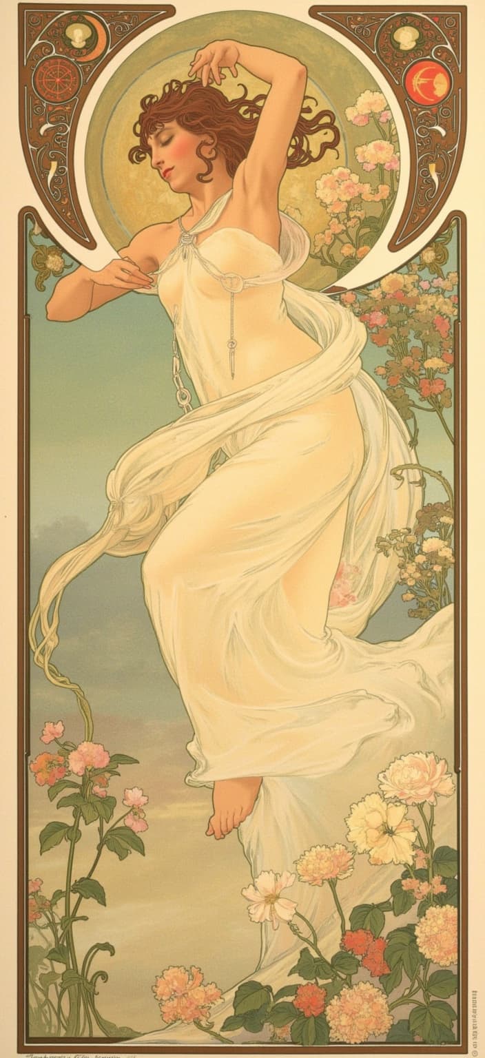 mucha, In Alphonse Mucha’s quintessential Art Nouveau style, this digital wallpaper captures the enchanting scene of a graceful woman immersed in a serene spring garden at dawn. She is depicted mid-dance, her movements gentle and fluid, embodying the essence of natural beauty and elegance. Her flowing dress, a masterpiece of delicate fabrics, catches the first light of the morning, its ethereal folds shimmering with a soft, golden glow. Surrounding her are an array of blooming flowers, their vibrant hues accentuated by the soft morning mist that gently envelops the garden, creating an atmosphere of peaceful tranquility.
The composition is characterized by flowing, organic lines and intricate decorative patterns, drawing inspiration from Mucha’s renowned style. A harmonious blend of natural motifs such as swirling vines, blossoming flowers, and celestial elements enriches the scene, setting the woman against a highly stylized, dreamlike background. The use of delicate colors seamlessly merges the fine art with an ornamental design, enhancing the romantic aesthetic of the image.
Adding to the artwork’s allure, the entire scene is enclosed within an elaborate ornamental frame, reminiscent of a grand Gothic window. The frame's sweeping curves and detailed embellishments are adorned with organic patterns, flowers, and celestial symbols, serving as both a visual unifier and a gateway into this poetic realm where nature and human emotion intertwine. This intricate border transforms the image into a refined, ornamental piece, perfect as a digital wallpaper, inviting viewers into a dreamlike world where elegance and nature dance in perfect harmony.