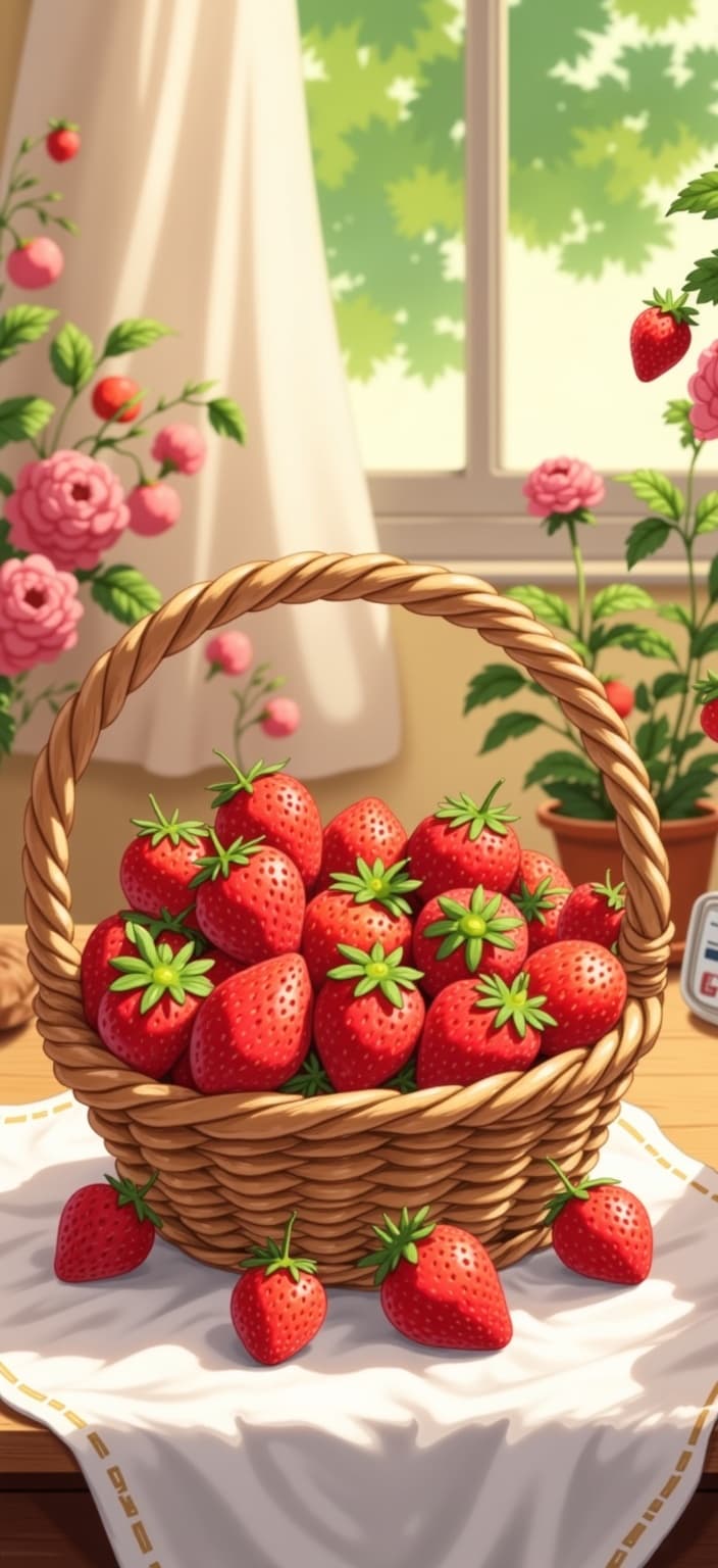 ghibli_illustration, Create a digital wallpaper that captures a serene and inviting scene centered around a handwoven basket brimming with ripe strawberries, nestled atop soft linen. The composition should evoke a cottagecore vibe, immersing the viewer in a sense of warmth and nostalgia. Inspired by the style of hand-drawn animation, the painting should feature richly detailed backgrounds with expressive character designs, incorporating bright colors and a whimsical, joyful aesthetic. The strawberries and basket should exhibit soft, painterly textures, with a visible hand-drawn feel, where pencil sketches and subtle imperfections add charm and authenticity. These details should seamlessly integrate with an organic movement that breathes life into the scene.
The warm, natural lighting should cast a cozy glow over the scene, enhancing the inviting mood and creating an environment that feels both vivid and slightly muted, avoiding harsh contrasts to maintain a dreamy, nostalgic quality. Every element—from the woven patterns of the basket to the delicate folds of the linen—should be meticulously rendered, ensuring that each part of the scene feels tangible and lived-in. The strawberries, as the main subject, should be accurately proportioned and clearly visible, embodying the essence of abundance and freshness. The overall composition should be harmonious, achieving a clean and crisp look perfect for digital wallpaper, inviting users to immerse themselves in a world of charm and simplicity with each glance at their screens.
