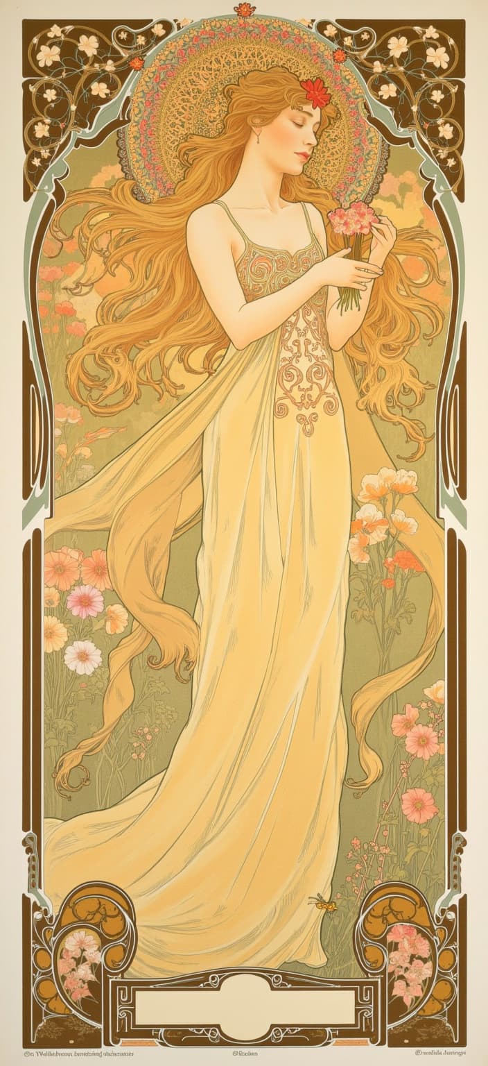 mucha, The artwork features a central figure of a fairy with cascading golden hair that shimmers like sunlight. She is adorned in a dress that elegantly weaves honeycomb patterns into its fabric, creating a visual symphony of nature's wonders. In her delicate hands, she holds a tiny beehive, symbolizing her harmonious relationship with the natural world. A living halo of bees encircles her head, their gentle buzz resonating with the tranquility of the scene. The fairy is framed by a lush arrangement of soft marigolds and clover, their vibrant colors and textures adding depth and warmth to the overall composition.
The painting draws inspiration from the style of flowing, organic lines and intricate decorative patterns. The harmonious blend of natural motifs such as flowers, vines, and celestial elements sets the scene against a highly stylized background. This creates a dreamlike, romantic aesthetic, seamlessly merging fine art with design. The composition is enriched with Mucha's signature blend of delicate colors and exuberant floral motifs, including sinuous vines, blooming flowers, and subtle geometric patterns. These elements enhance the composition with a refined, ornamental quality.
Enclosing the entire scene is an elaborate ornamental frame, its sweeping curves and detailed embellishments reminiscent of a grand Gothic window. This intricate border, adorned with organic patterns, flowers, and celestial symbols, serves as a visual unifier. It acts as a gateway into a realm where nature and human emotion intertwine in poetic harmony, capturing the viewer's imagination and inviting them into this enchanting world.
The image is meticulously centered to ensure a crisp, clean look, making it suitable for printing as a digital wallpaper, providing an elegant and serene visual escape wherever it is displayed.