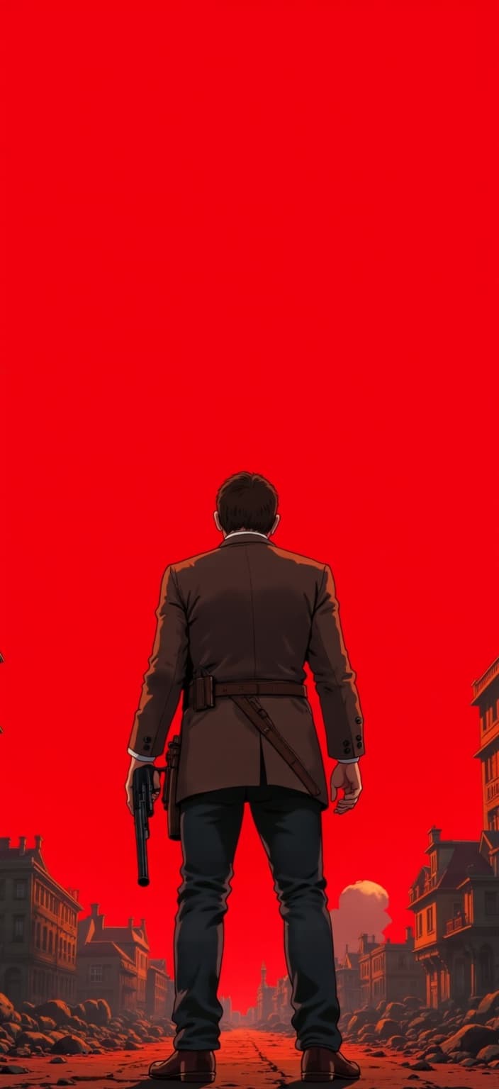 ghibli_illustration, A richly detailed digital wallpaper centers on the back of Arthur Morgan, who is poised with a gun in his hand. The scene is set against a full red background, capturing attention with its vibrant hue while remaining harmonious with the overall composition. This image is painted in a hand-drawn animation style, featuring expressive character designs and a whimsical, joyful aesthetic. The subtle imperfections and organic movement give the artwork a soft, painterly texture, reminiscent of pencil sketches.
Warm, natural lighting bathes the scene, casting a cozy and inviting mood over the picture. The vivid yet slightly muted colors avoid harsh contrasts, maintaining a dreamy, nostalgic quality throughout. The background is richly detailed, alive with meticulously rendered everyday objects and textures, providing a tangible, lived-in feel to the artwork.
Arthur Morgan is depicted with accurate proportions, ensuring he remains the focal point of the image. His posture and the gun's positioning are clearly visible, contributing to the scene's dynamic and engaging narrative. This digital wallpaper is designed to be crisp and suitable for printing, encapsulating the nostalgia and dreamlike quality of the style while maintaining the subject's integrity and clarity.