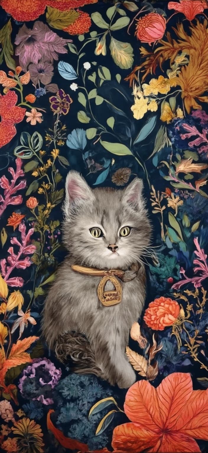 colorful_illustration, A captivating painting featuring a small, adorable gray kitten with striking green eyes, adorned with a charming collar that bears the name 'Motita'. The kitten exudes a sense of playful innocence, sitting at the center of the composition. This enchanting scene is enveloped by a richly colored, dark-toned background, adding depth and contrast to the painting. The artwork embraces a vibrant and colorful illustrative style, evoking a playful, dynamic, hand-drawn aesthetic.
The background is a symphony of organic shapes, where various leaves and floral elements are harmoniously arranged, reminiscent of the lush intricacies found in Scandinavian folk art and mid-century botanical prints. Scattered throughout are decorative elements such as dots, swirls, and abstract motifs, contributing to a luxurious layering of colors and patterns that create a sense of depth and movement. These elements flow naturally around the kitten, enhancing the natural ambiance of the scene.
This artwork is meticulously centered, ensuring a clean, crisp look that is perfect for use as digital wallpaper. The luxuriant details and vibrant colors invite the viewer to lose themselves in the whimsical world of 'Motita', making it not only a captivating piece of art but also a delightful digital adornment for any wall.