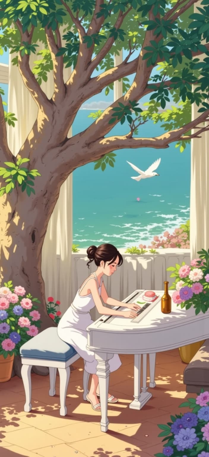 ghibli_illustration, The image portrays a captivating scene that unfolds like a delicate dance of colors and emotions, centered around a Chinese woman named Deng Ziqi as she plays and sings at a pristine white piano. Her presence exudes an air of familiarity and enchantment, as if her serene melodies are woven into the very fabric of your heart. Dressed in an elegant, minimalist sleeveless dress that softly glimmers in white, silver, gray, and a hint of beige, she embodies a perfect blend of modern sophistication and timeless allure. Her ensemble is completed by Qin TiNian floral-embellished square-toe high-heel sandals, whose 2.56-inch chunky heels add a touch of elegance and poise, while the ankle straps lend a chic, stylish flair suitable for spring or summer weddings and soirees.
On the nearby tabletop, a multi-layer foldable carved three-dimensional picture book unfurls its magic, presenting the scene with the artistic whimsy of a three-dimensional flip book in a 4:3 horizontal format. The opened pages reveal a finely crafted paper desktop, each element meticulously folded and combined, reflecting the intricate artistry of conceptual creativity. This dreamlike composition adopts a front plane to capture the vibrant yet slightly muted colors, creating a luminous and inviting ambiance that is both whimsical and nostalgic.
The richly detailed background breathes life into the scene, with everyday objects and textures rendered so tangibly that they evoke a sense of warmth and lived-in comfort. The hand-drawn animation style infuses the artwork with soft, painterly textures and subtle imperfections, imparting an organic movement that echoes the fluidity of music and emotion. The warm, natural lighting bathes the scene in a cozy glow, enhancing the dreamlike quality and inviting an unforgettable exploration of creativity and desire.
This digital wallpaper is designed as a striking, crisp centerpiece, suitable for enriching the ambiance of any digital space. Its whimsical and joyful aesthetic, combined with expressive character designs and richly detailed backgrounds, ensures that Deng Ziqi's ethereal performance remains the focal point, gracefully inspiring authenticity, self-expression, and an embrace of inner creativity.