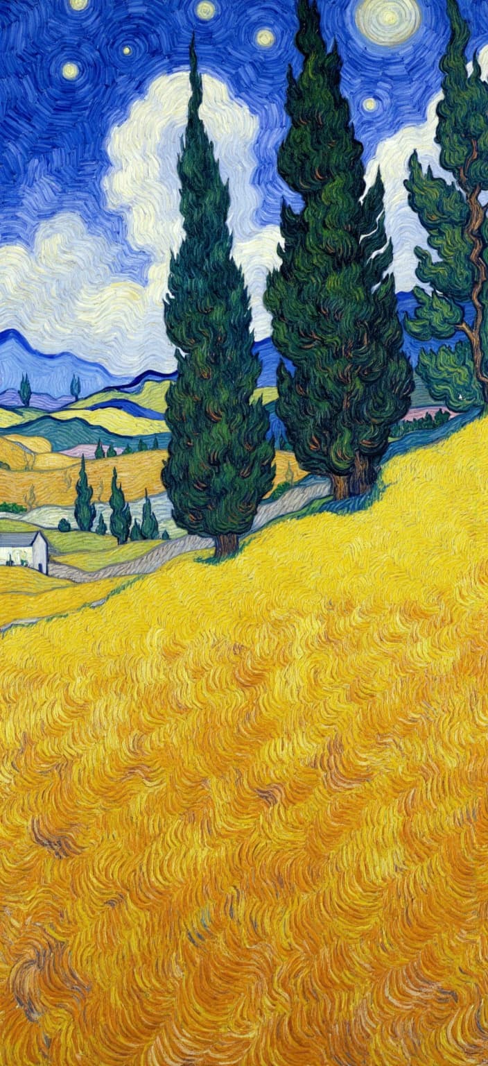 van_gogh, Enriched prompt: Imagine a stunning digital wallpaper featuring a mesmerizing wheat field with cypress trees that draws inspiration from a vivid and emotionally charged painting style. The scene is a captivating symphony of intense color and dynamic brushwork, where the wheat fields stretch endlessly, bathed in a rich tapestry of yellows and purples. The towering cypress trees rise majestically in bold, complementary contrasts of deep blues and vibrant oranges, creating a striking visual impact that commands attention.
The composition is infused with raw emotion, embodying both a personal depth and a universal allure that speaks to the heart. Thick, impasto layers of paint are applied with vigorous energy, capturing the essence of a breezy day, as the wheat sways gently and the trees stand tall. Each brushstroke is alive with movement, swirling in curly, flame-like patterns that ripple across the canvas, bringing a sense of rhythm and pulsating life to the scene.
This artwork, perfectly centered, ensures a crisp and clean look ideal for a digital wallpaper. Its bold, expressive compositions and rhythmic patterns invite viewers to become lost in the landscape, feeling the urgency and emotional depth that radiate from every inch of the painting. Transform your space with this image, an evocative blend of nature, emotion, and artistic flair, suitable for enhancing any digital environment.