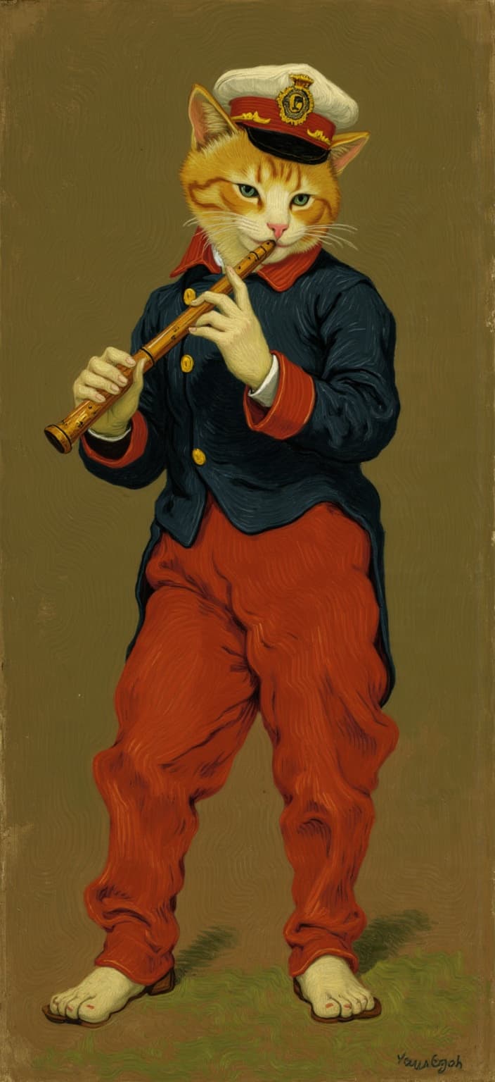 van_gogh, Create a digital wallpaper featuring a standing orange tabby cat dressed in a historical military band uniform, reminiscent of Édouard Manet’s ‘The Fifer’. The cat is adorned in red pants and a dark navy jacket with gold buttons, along with a military-style cap accented with red and yellow. It is holding a flute predominantly with its left paws, positioned on the viewer’s right, posing mid-performance in a manner that captures the essence of a whimsical yet classic tableau. The background is a muted, painterly olive-brown, emulating the rich textures of 19th-century oil paintings.
The artistic style draws inspiration from intense color and dynamic brushwork. Expect vivid, rich colors applied in thick impasto layers, creating a sense of movement and emotional depth. The painting employs bold complementary color contrasts, such as blue and orange, or yellow and purple, to heighten visual impact and intensity. Brushstrokes are loose, energetic, often swirling with curly, flame-like patterns that provide a rhythmic, almost pulsating quality. This dynamic touch, combined with vigorous, linear patterns, adds a unique sense of motion and life to the piece, making it both deeply personal and universally compelling.
The entire composition is centered to ensure a crisp, clean look, ideal for a refined and captivating digital wallpaper.