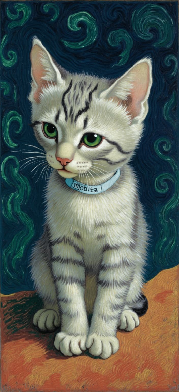 van_gogh, Envision a delightful scene, tailor-made for digital wallpaper, centered on a charming, slightly fluffy gray kitten with captivating green eyes. Around its neck rests a delicate collar, inscribed with the name "Motita," adding a personalized touch to this heartwarming portrait. The background is a mesmerizing blend of deep blue, entwined with streaks of verdant green and vibrant red, creating an atmospheric backdrop that enhances the kitten's gentle demeanor.
The artwork draws inspiration from a style characterized by intense color, dynamic brushwork, and bold, expressive compositions. The vivid, rich colors are laid in thick, impasto layers, adding a sense of movement and emotional depth to the scene. The painting skillfully employs bold complementary color contrasts, heightening its visual impact and intensity. The brushstrokes are loose, energetic, and often swirling, forming curly, flame-like patterns that imbue the piece with a rhythmic, almost pulsating quality. This dynamic approach, coupled with vigorous, linear patterns, imbues the artwork with a unique sense of motion and life, capturing not only the physical likeness of the kitten but also an essence of raw emotion and urgency, making the piece both deeply personal and universally compelling.