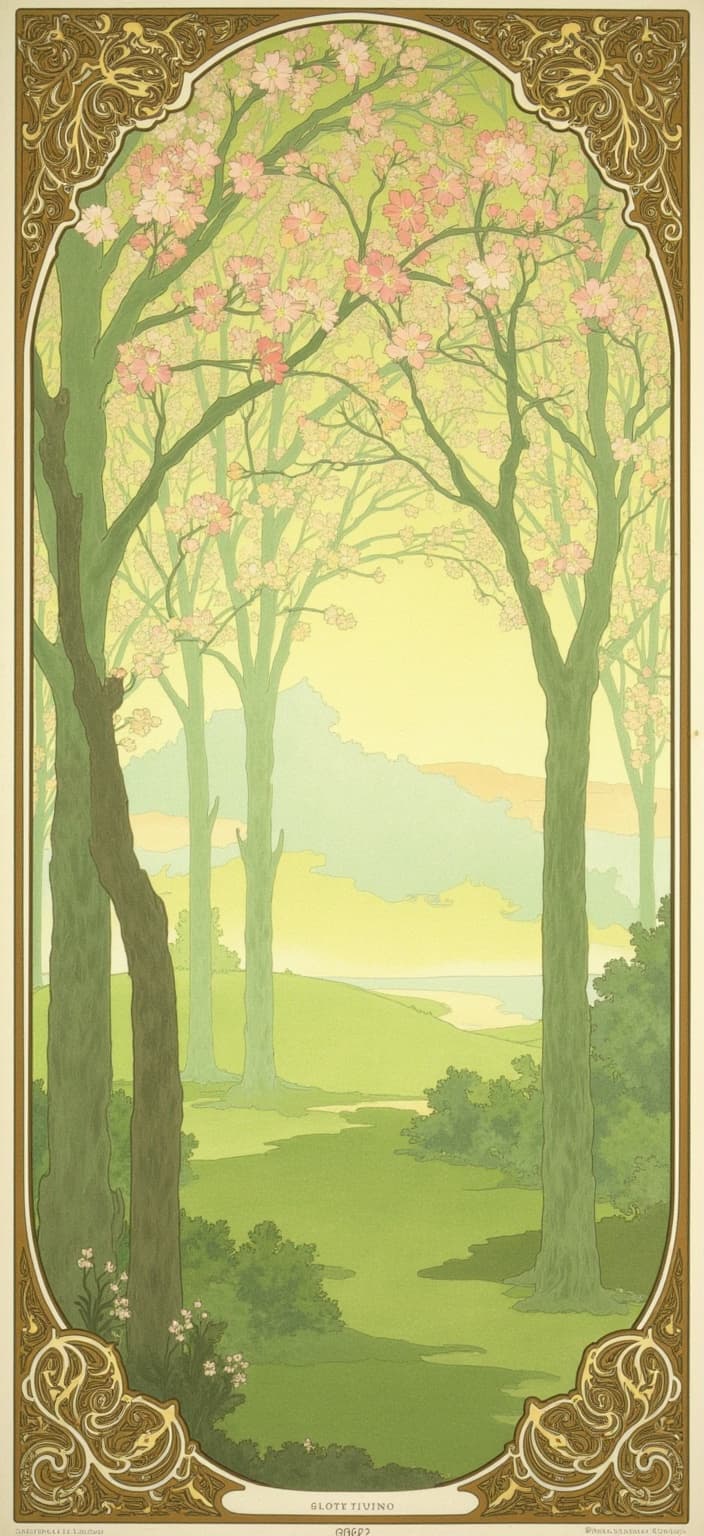 mucha, In this exquisite digital wallpaper, immerse yourself in the serene beauty of a lush green valley enveloped by a gentle mist, evoking a peaceful and meditative atmosphere. The scene is masterfully painted in a style inspired by the flowing and organic lines characteristic of the Art Nouveau movement, particularly drawing from the elegance of Mucha’s works. The composition features a harmonious blend of natural motifs, where sinuous vines weave through blossoming trees adorned with an array of delicate flowers, creating an intricate tapestry against a highly stylized background. This backdrop is not only dreamlike but romantic, infusing the landscape with a sense of timeless beauty and tranquility.
The colors are a refined palette of soft pastels, reminiscent of spring's awakening, with touches of vibrant greens and floral hues that breathe life into the scene. These colors are executed with Mucha's signature blend, providing an exuberant yet delicate touch that enhances the valley's innate tranquility.
Around the central imagery is an elaborate ornamental frame, reminiscent of a grand Gothic window with its sweeping curves and detailed embellishments. This border, inspired by organic patterns and celestial symbols, serves as both a visual unifier and an invitation into a poetic realm. It embodies a seamless fusion of nature and human emotion, creating a gateway into a place where the natural world and artistic expression coalesce in perfect harmony. This intricate design ensures the artwork is centered and balanced, making it an ideal choice for an elegant digital wallpaper that captivates and calms the viewer with its refined, ornamental quality.