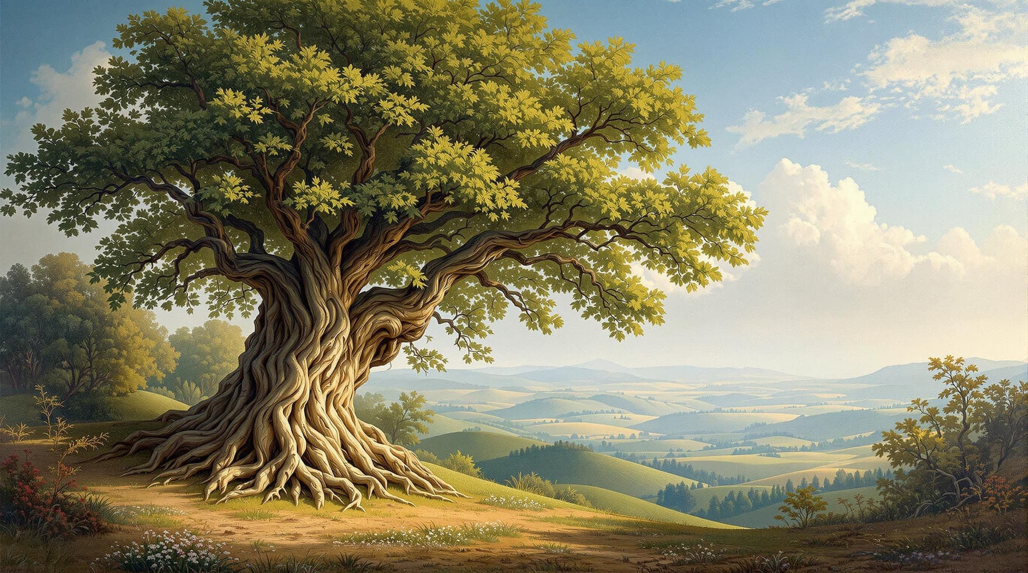 , Imagine a breathtaking classical painting capturing the serene beauty of a majestic tree nestled in a tranquil valley. The centerpiece of this artwork is a grand, ancient tree with a robust, twisted trunk and an expansive canopy of lush, verdant leaves that seem to whisper secrets of time. The play of light and shadow across the bark and leaves showcases the intricate details of its age-old textures, inviting viewers to appreciate its enduring presence.
Surrounding the tree, the valley unfolds like a natural amphitheater, with gentle hills rolling gracefully in the distance, their earthy tones harmonizing with the tree’s vibrant greens. The sky above is a symphony of soft blues and wispy clouds, painted with delicate brushstrokes that infuse the scene with a sense of peaceful timelessness. The distant horizon dissolves into a gentle mist, hinting at the unseen expanses beyond this idyllic sanctuary.
Framed with precision, the composition is centered to maintain a crisp, clean aesthetic, ensuring it transitions seamlessly into a captivating digital wallpaper format. The classical style imbues the painting with an eloquent sense of depth and realism, evoking the emotive power of art from a bygone era while creating a timeless piece that feels both historic and immediate, perfect for imparting tranquility and grandeur to any digital space.