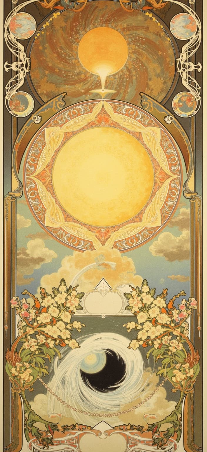 mucha, ("In the center of this enchanting painting, the entire solar system is depicted in a mesmerizing, dreamlike composition. Each planet orbits gracefully around the radiant sun, their surfaces adorned with intricate decorative patterns and organic motifs inspired by the flowing, organic lines of Mucha’s ethereal art style. Neptune and Saturn, with their rings and atmospheric beauty, are highlighted with delicate hues, while Earth, a beacon of life, is enveloped with blossoming floral designs, symbolizing its abundant nature.\n\nTo the side, a mysterious, swirling black hole stands as a captivating focal point, drawing the viewer’s gaze into its infinite depths. This celestial marvel is encircled by a halo of sinuous vines and subtle geometric patterns, enhancing its allure and adding to the painting's intricate beauty.\n\nThe entire celestial scene is set against a highly stylized background, where soft, delicate colors blend harmoniously, creating a romantic and poetic atmosphere. Star-studded skies and celestial elements, like comets and distant galaxies, add further depth to this cosmic tableau.\n\nEnclosing this magical universe is an elaborate ornamental frame reminiscent of a grand Gothic window. This intricate border, adorned with detailed floral motifs, organic patterns, and celestial symbols, serves as both a visual unifier and a gateway to this dreamlike realm. The painting, with its refined ornamental quality and rich decorative elements, is perfectly centered, offering a crisp, clean look ideal for printing as a decor piece.",)
