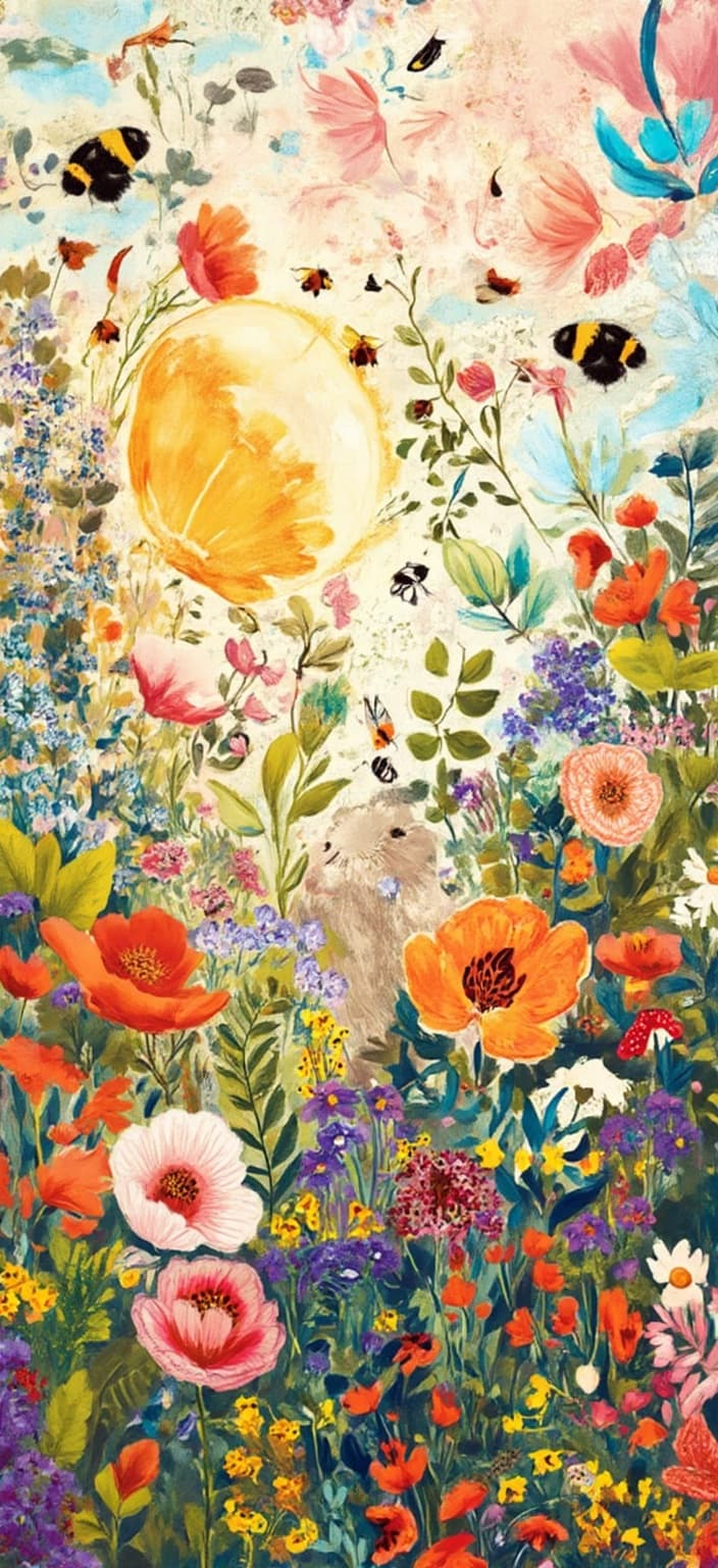 colorful_illustration, In the heart of this vibrant and colorful illustration, a sunlit open meadow unfolds, bursting with an array of poppies, daisies, and bluebells. The scene is painted in a playful, dynamic style, with a hand-drawn feel that immediately catches the eye. Bumblebees, depicted with intricate detail, hover gracefully near the colorful blooms, their tiny bodies a symphony of movement amongst the flowers. A curious bunny peeks shyly from amidst the tall grass, its fluffy form adding a touch of whimsy to the lively landscape. To enhance the visual delight, ladybugs crawl upon the petals, providing small yet striking pops of red that punctuate the floral scene.
The background is a tapestry of organic shapes and scattered decorative elements, featuring an array of leaves and floral motifs arranged harmoniously across the canvas. These elements lend the painting a natural, free-flowing quality, inspired by Scandinavian folk art and mid-century botanical prints. Intricate compositions blend bold organic shapes with delicate details—dots, swirls, and abstract motifs—that create a luxurious layering of colors and patterns, evoking a sense of depth and movement.
Overall, the image is centered, designed with precision to ensure it offers a crisp, clean look, making it perfectly suited for digital wallpaper, inviting viewers to lose themselves in its elaborate beauty and dynamic artistry.