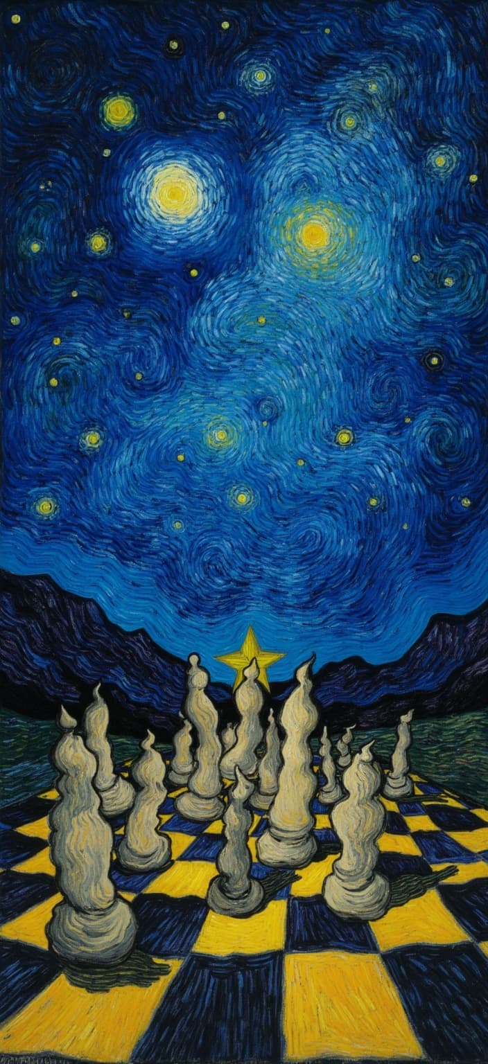 van_gogh, Imagine a captivating painting where a dark, moody chessboard serves as the focal point, set against the swirling cosmos of Van Gogh’s "Starry Night". The scene is crafted in Van Gogh's iconic post-impressionist style, celebrating the intensity of color and dynamic brushwork. Each chess piece, detailed and distinct in form, is subtly illuminated by the ethereal glow of the starlit sky, casting long, mysterious shadows across the board. The night sky above is alive with deep blues and blacks, punctuated by vibrant yellow highlights that mimic the stars' luminescence.
Expressive, thick brush strokes convey a dreamlike composition, infusing the painting with an aura of mystery and depth. The artist employs vivid, rich colors, layered in thick impasto, which breathe life and movement into the scene. Complementary colors like blue and orange, along with yellow and purple, clash with bold intensity, heightening visual impact and imbuing the artwork with emotional depth.
The brushstrokes, loose and energetic, swirl with a rhythmic, pulsating quality, reminiscent of curly, flame-like patterns. This dynamic touch, paired with vigorous, linear patterns, creates a sense of motion and life, drawing the viewer deep into the tableau. The painting radiates raw emotion and urgency, making it both a deeply personal and universally compelling piece.
This artwork is perfectly centered to ensure a crisp, clean look, ideal for a digital wallpaper, where it transforms any screen into a portal to a night infused with the magic of Van Gogh's visionary world.