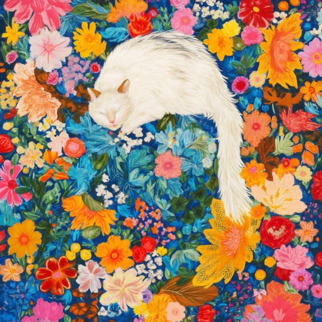 colorful_illustration, Enriched prompt: A captivating painting features a serene white cat perched gracefully atop a large, ornate vase. The cat, with its pristine fur and enchanting gaze, is the central focus of the image, exuding a sense of calm elegance. The vase is intricately designed with playful, dynamic patterns that echo a vibrant and colorful illustration style, reminiscent of Scandinavian folk art and mid-century botanical prints. This art piece is brought to life with a lavish decorative style, where bold organic shapes intertwine with delicate, intricate compositions.
The background is a symphony of color, adorned with an array of scattered decorative elements, including myriad leaves and floral motifs. These abstract shapes and patterns create a harmonious and free-flowing backdrop that enhances the central subject. The canvas is filled with luxurious layers of brilliant colors and patterns, providing depth and dynamic movement. Swirls, dots, and abstract motifs dance around the central figure, adding a whimsical touch that captures the playful nature of the style.
The painting is meticulously centered, ensuring the artwork maintains a crisp, clean look suitable for wall-art. This stunning piece is perfect for adding a touch of vibrant and dynamic elegance to any space, celebrating the whimsical beauty of both nature and feline grace in a hand-drawn, organic composition.