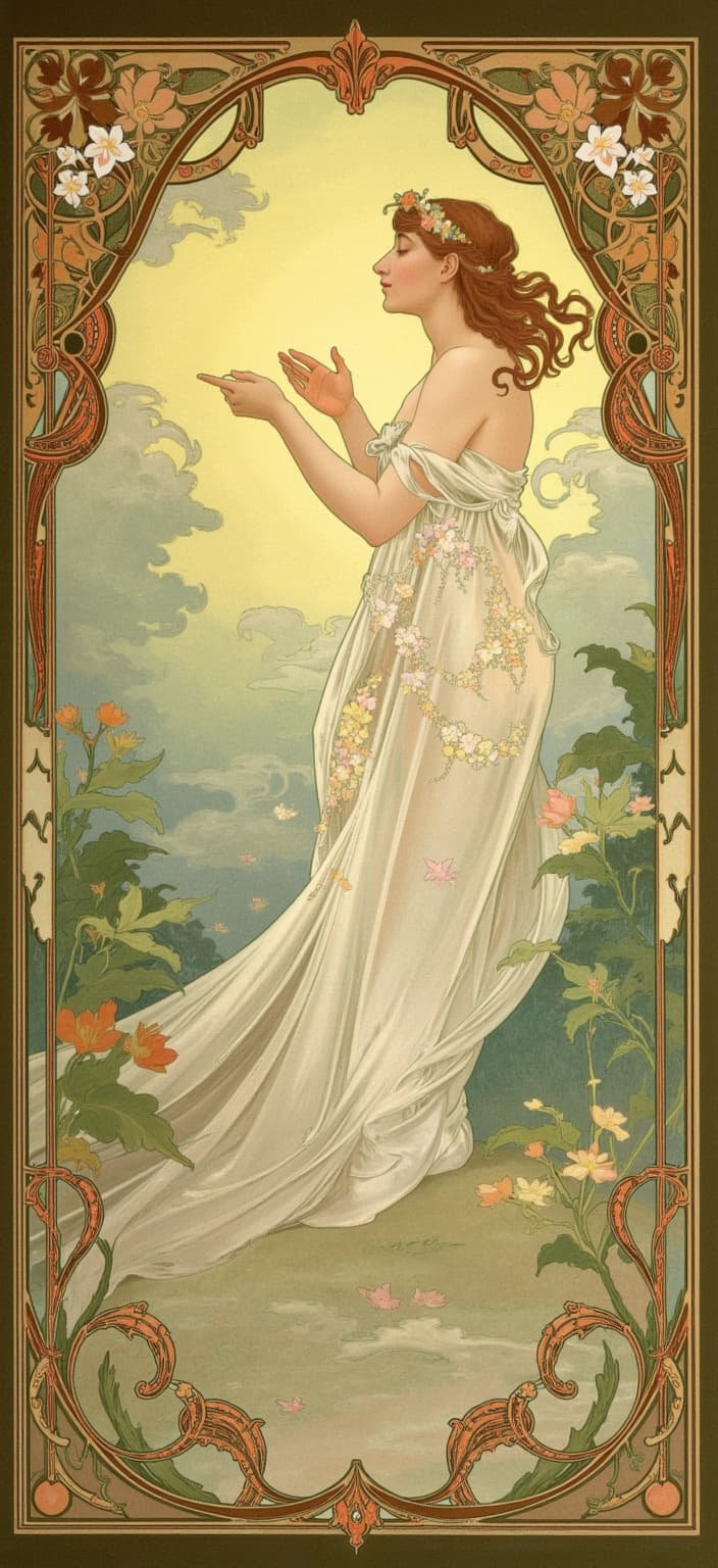 mucha, **Enriched Prompt:**
Imagine a captivating painting that centers on a serene forest glade at twilight, illuminated by the soft, golden glow of a setting sun. At the heart of this enchanted woodland scene, a delicate, ethereal figure stands gracefully—perhaps a forest nymph or a muse of nature. Her flowing gown, woven from the very essence of the forest itself, is adorned with intricate patterns of climbing vines and blooming flowers, each petal seemingly alive with vibrant colors. Her hair cascades down like a waterfall, interwoven with tiny, twinkling celestial elements, reminiscent of stars caught in their descent from the sky.
This enchanting figure is surrounded by a lush tapestry of flora—delicate ferns, whispering leaves, and gentle wildflowers—each depicted with the intricate decorative patterns that echo the Art Nouveau style. Above her, the sky is a swirl of pastel hues, dotted with soft clouds and the faint shimmer of a crescent moon, adding a celestial touch to the scene.
The entire composition is enclosed in an ornate frame inspired by Mucha's signature aesthetic, its sweeping curves and detailed embellishments echoing a grand Gothic window. This border, rich with organic motifs, flowers, and celestial symbols, not only unifies the scene but also invites the viewer into a dreamlike realm where nature and human emotion poetically intertwine.
This digital wallpaper is designed to capture the viewer's imagination, presenting a harmonious blend of art and nature, perfect for creating a serene and mystical atmosphere on any screen.